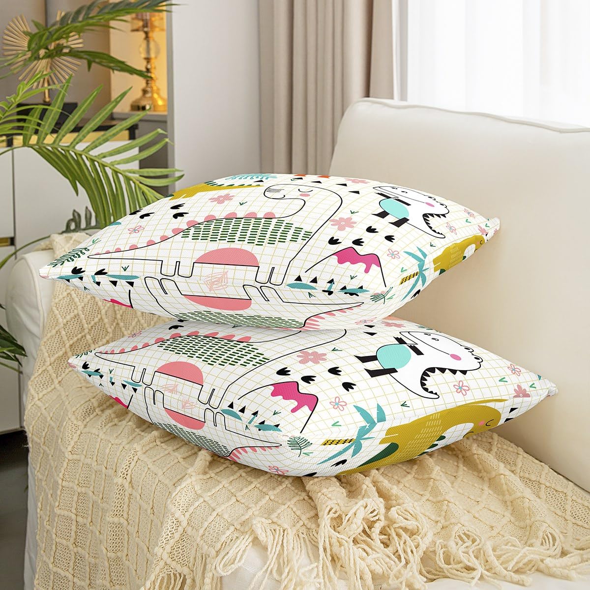 Set di 2 federe decorative per cuscini a forma di dinosauro, 55,9 x 55,9 cm, morbide, per divano, stanza, animali della giungla, federe per cuscini con dinosauri kawaii