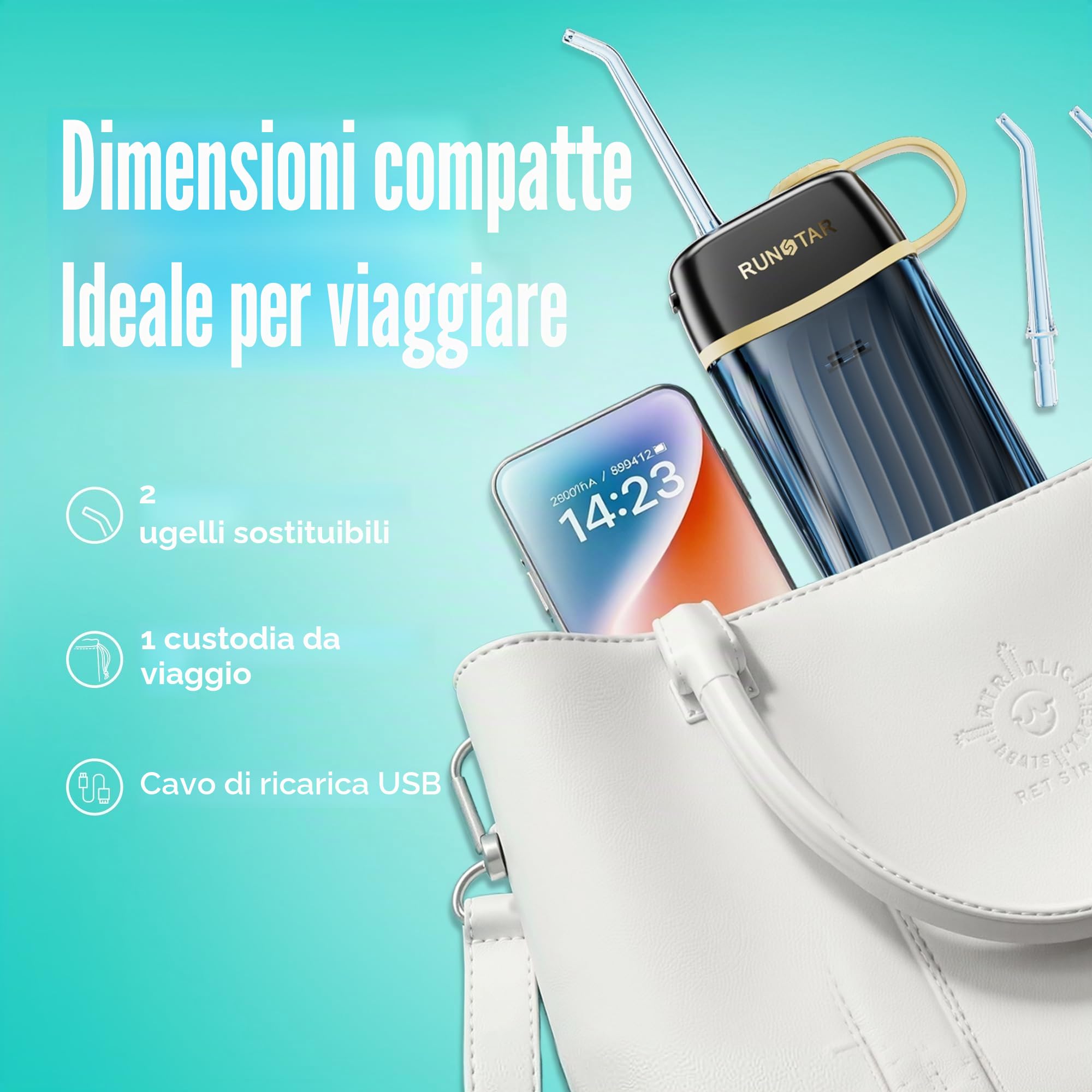 Runstar Dentale Portatile Denti, serbatoio portatile da 160 ml, quattro modalità (DIY/standard/pulso/morbido) - rimuove il 99% della placca dentale, adatto per chi porta l'apparecchio e per i viaggi.