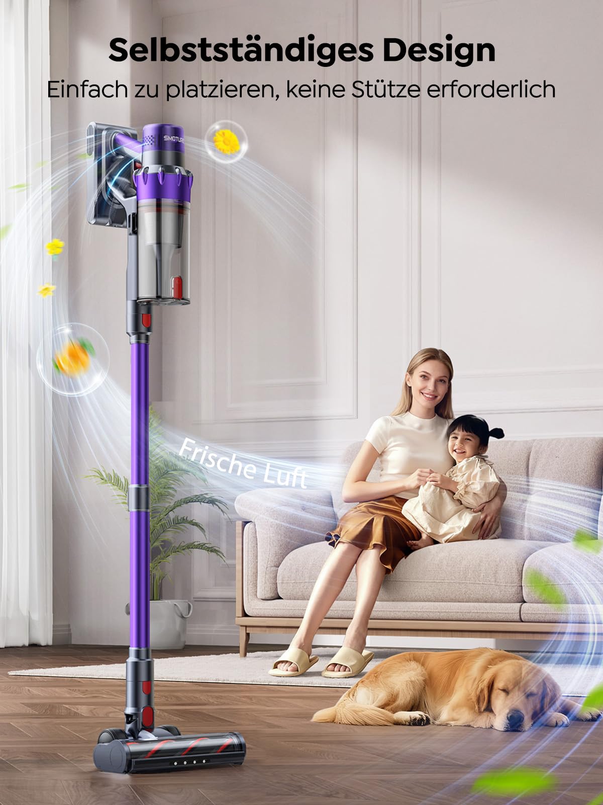 SMOTURE Akku Staubsauger 50.000 Pa 65 Min Laufzeit mit Mini-Turbinendüse, Anti-Tangle-Staubsauger Kabellos mit Touchscreen & Automodus für Tierhaare/Teppiche/Hartböden/Auto, VAC02–Verbesserte Version