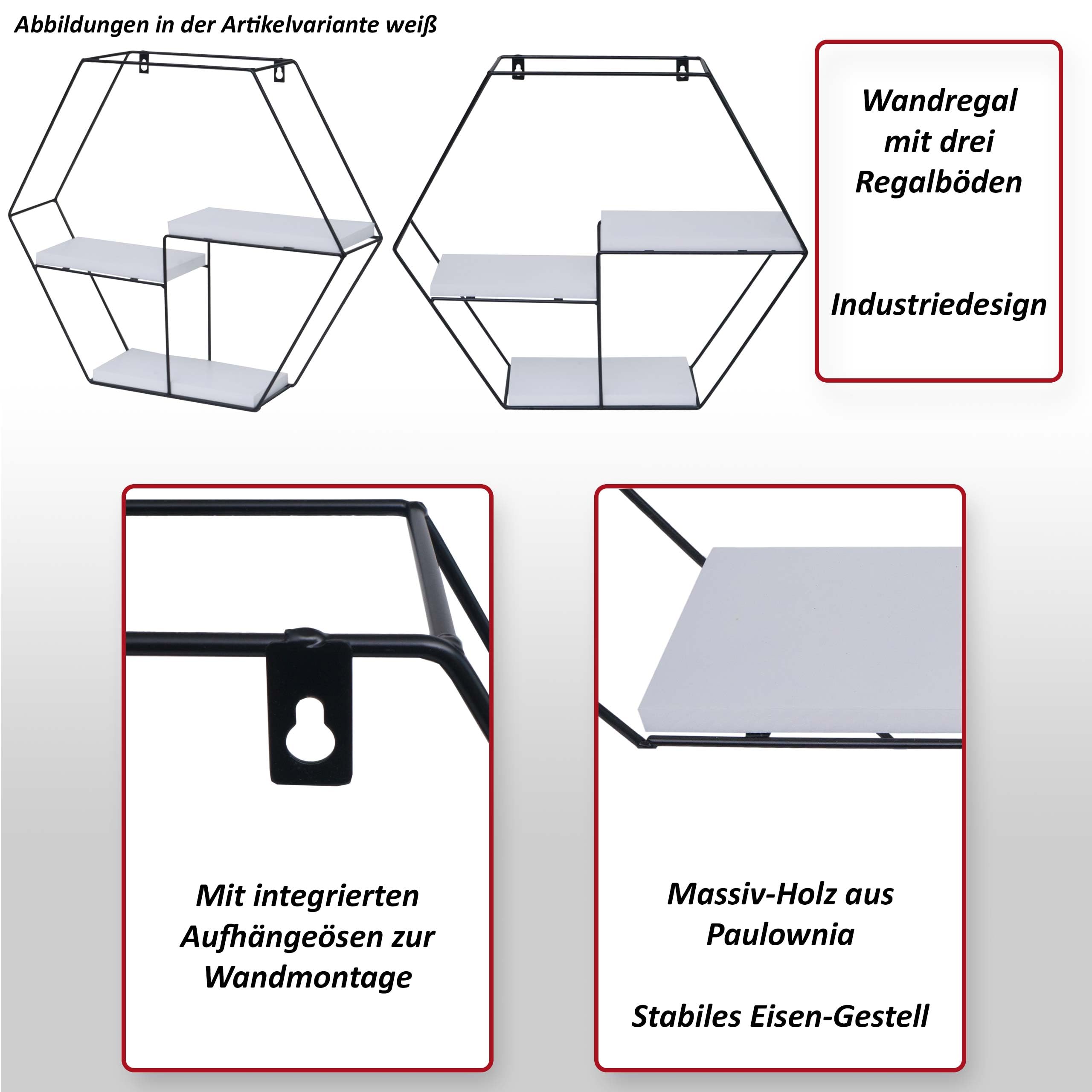 Mendler Regał ścienny HWC-K76, regał wiszący, 3 półki, metal, lite drewno, industrialny, 43 x 49 x 11 cm, ciemnoszary