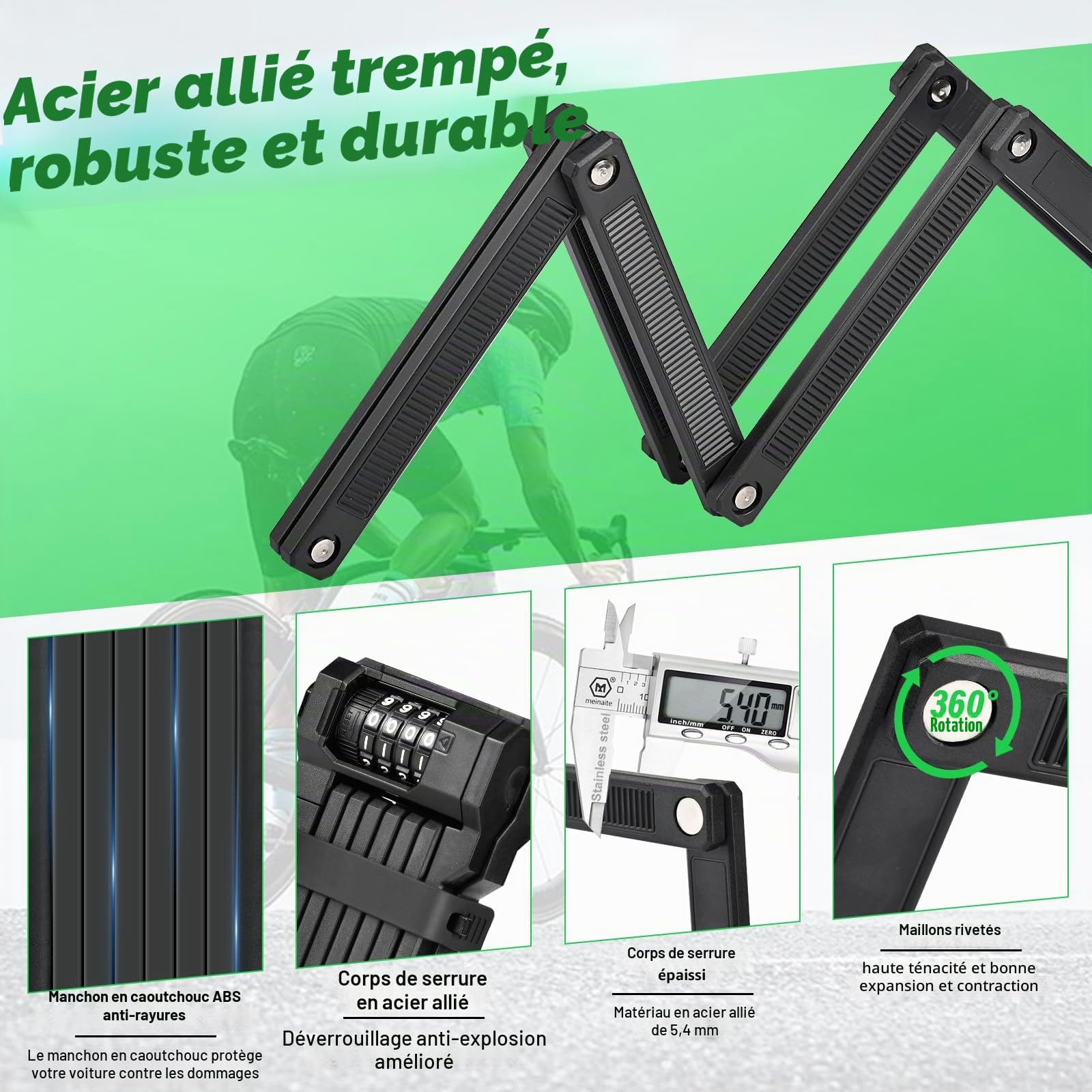 Antivol vélo pliable de 120 cm - Antivol numérique pour vélos électriques et VTT - Niveau de sécurité 7 - Noir