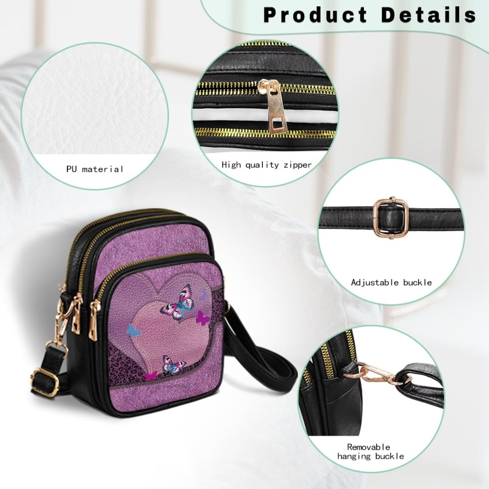 Fioletowe serce skórzane torby crossbody dla kobiet motyl lampart tornister torby warstwowa torebka do przechowywania dla kobiet crossbody, mała torba na telefon, niezbędna do pracy