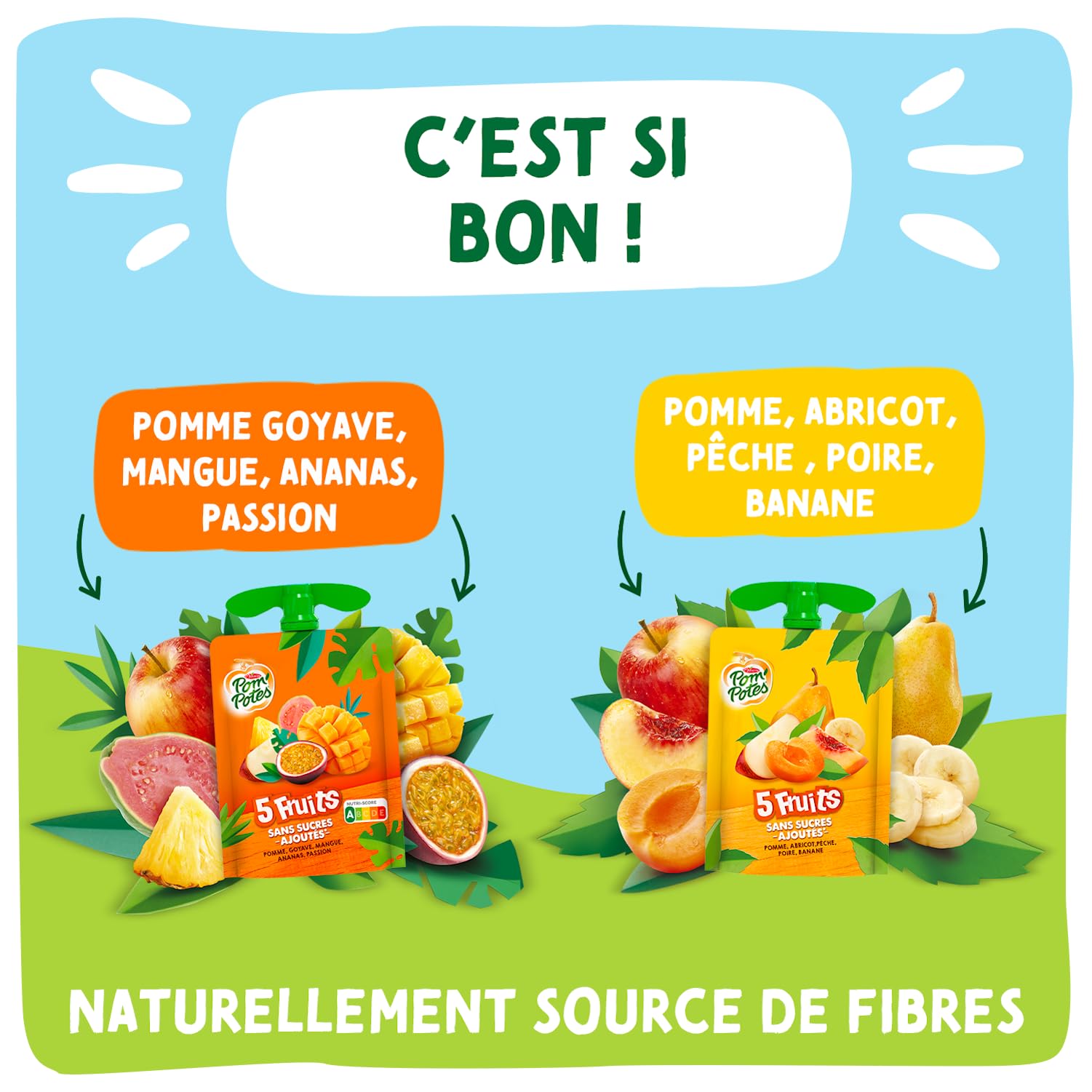 POM'POTES® Compote Sans Sucres Ajoutés 5 Fruits Exotiques/Jaunes 80x90g | Gourde, Pomme Abricot Pêche Poire Banane, Pomme Goyave Mangue Ananas Passion, Source De Fibres, Nutri-Score A, 3 Ans Et Plus