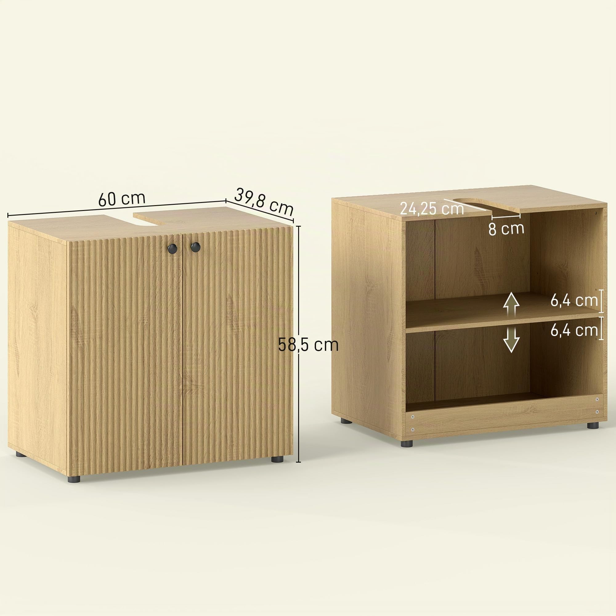 HOMCOM Mueble bajo Lavabo 2 Puertas 60x39,8x58,5cm Efecto Madera Natural | Cierre suave, estante ajustable, armario bajo lavabo para baño