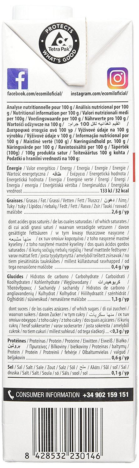 Ecomil - Bebida de Avellana Ecológica, Leche Sin Lactosa Avellanas, Sin Azúcares Añadidos, Bebida Vegetal, Producto Ecológico - Pack 6 x 1L