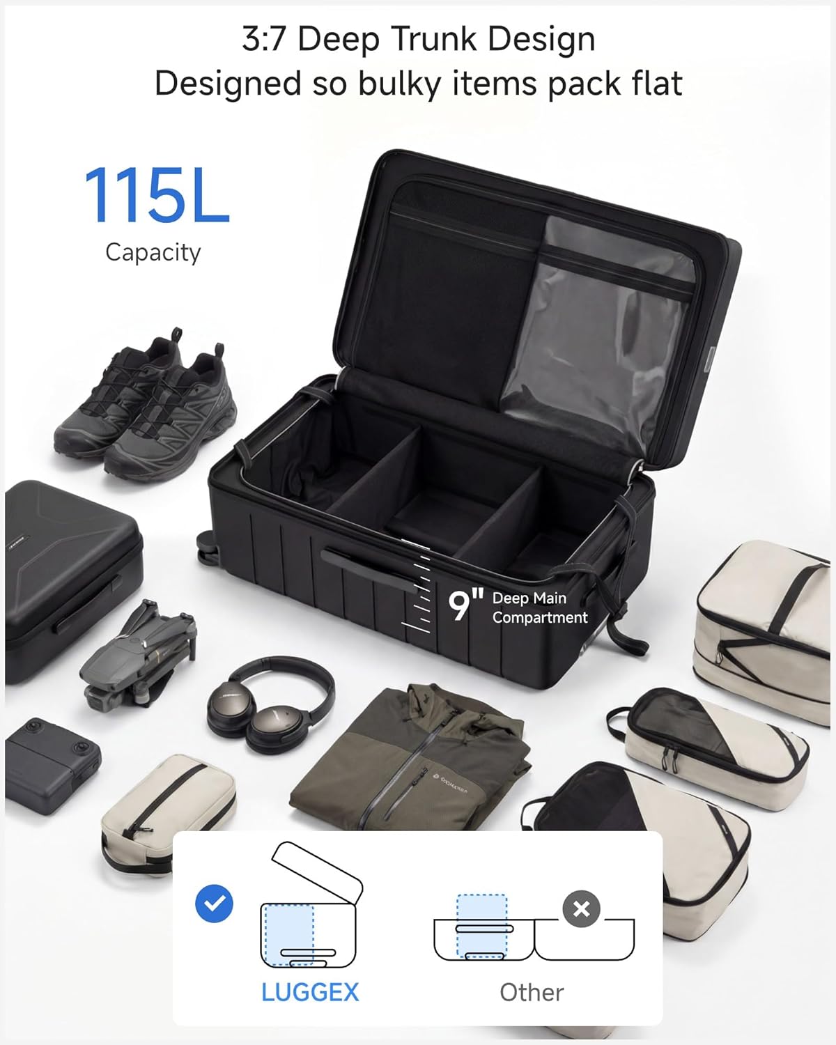 LUGGEX 30 Inch Trunk Luggage - HUP Polycarbonate Hardside Large Checked Suitcase with 5 Spinner Wheels & Shock-Absorbing Wheels, TSA Lock (EX-Core,Reef Black, 30 Inch)