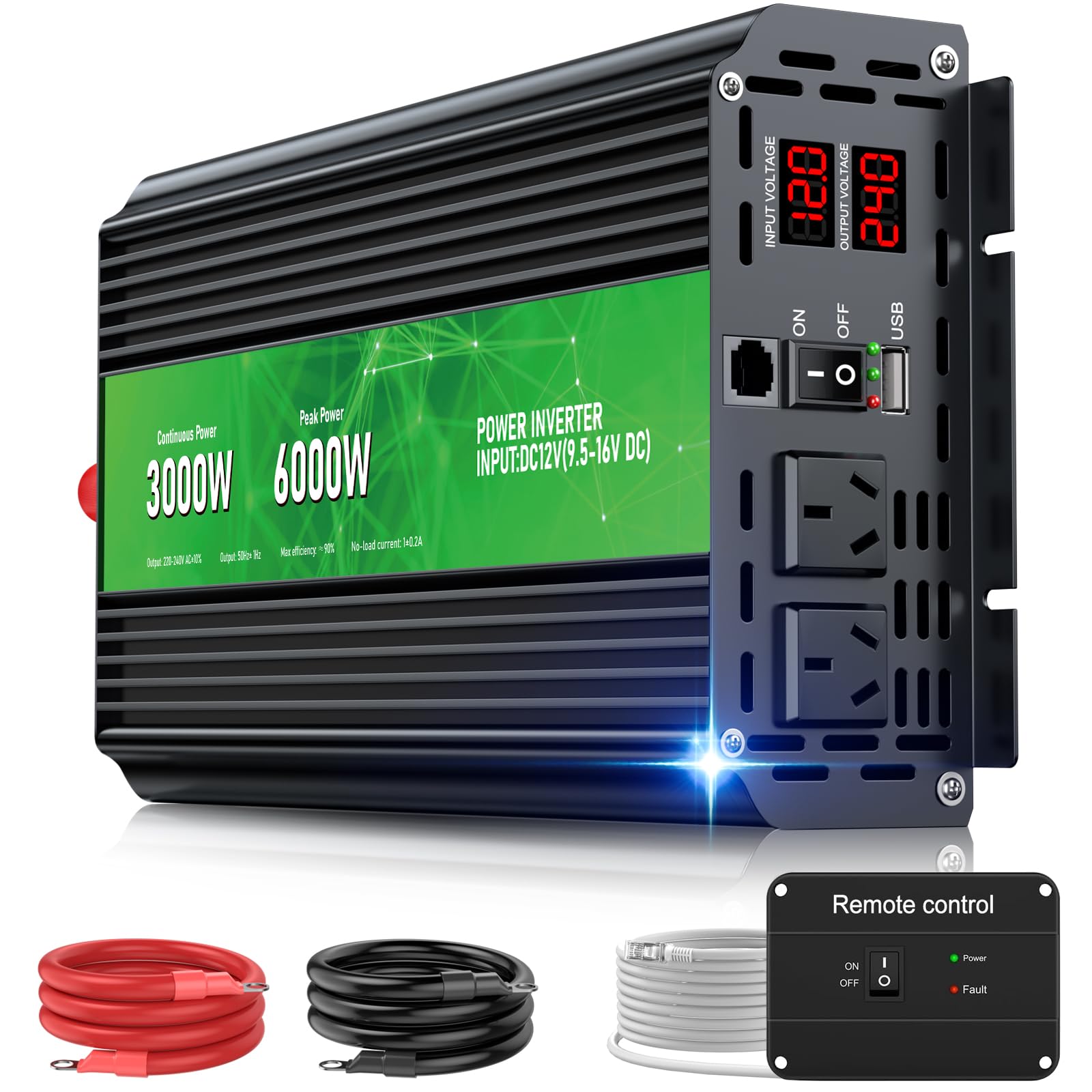3000W Power Inverter,Peak Power 6000W 12V DC to AC 110V120V,Remote Control with 2AC Outlets and 2.4USB Port,LCD Display for Power Converter,Outdoor Activities,Emergency,Vehicles Truck RV Solar System