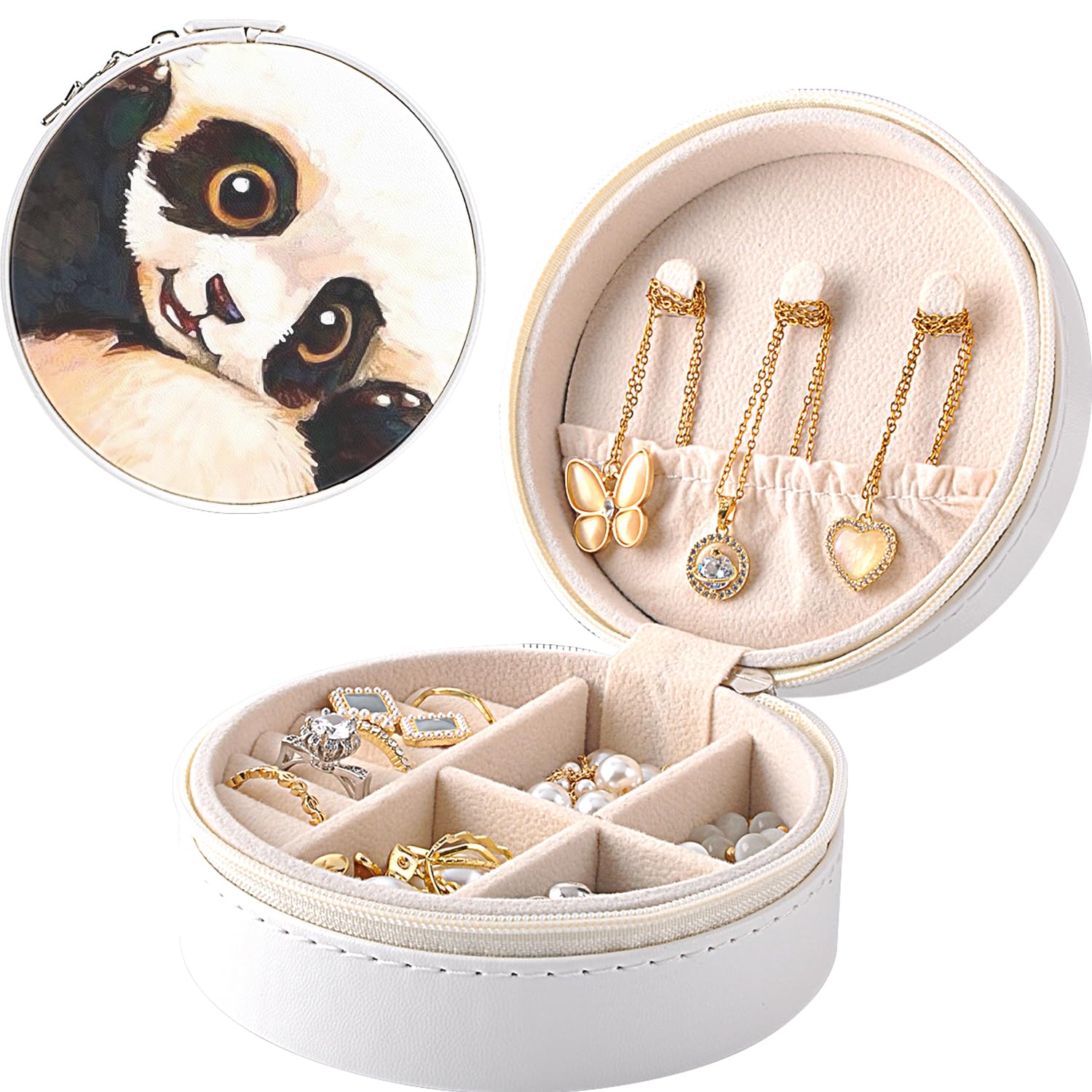 MAYCARI Small Portable Travel Jewelery Box, Cute Panda Pattern Mini Leather Jewelery Box Organiser for Rings Earrings Necklace Bracelets Jewelry Gift for Women Girls Kids
