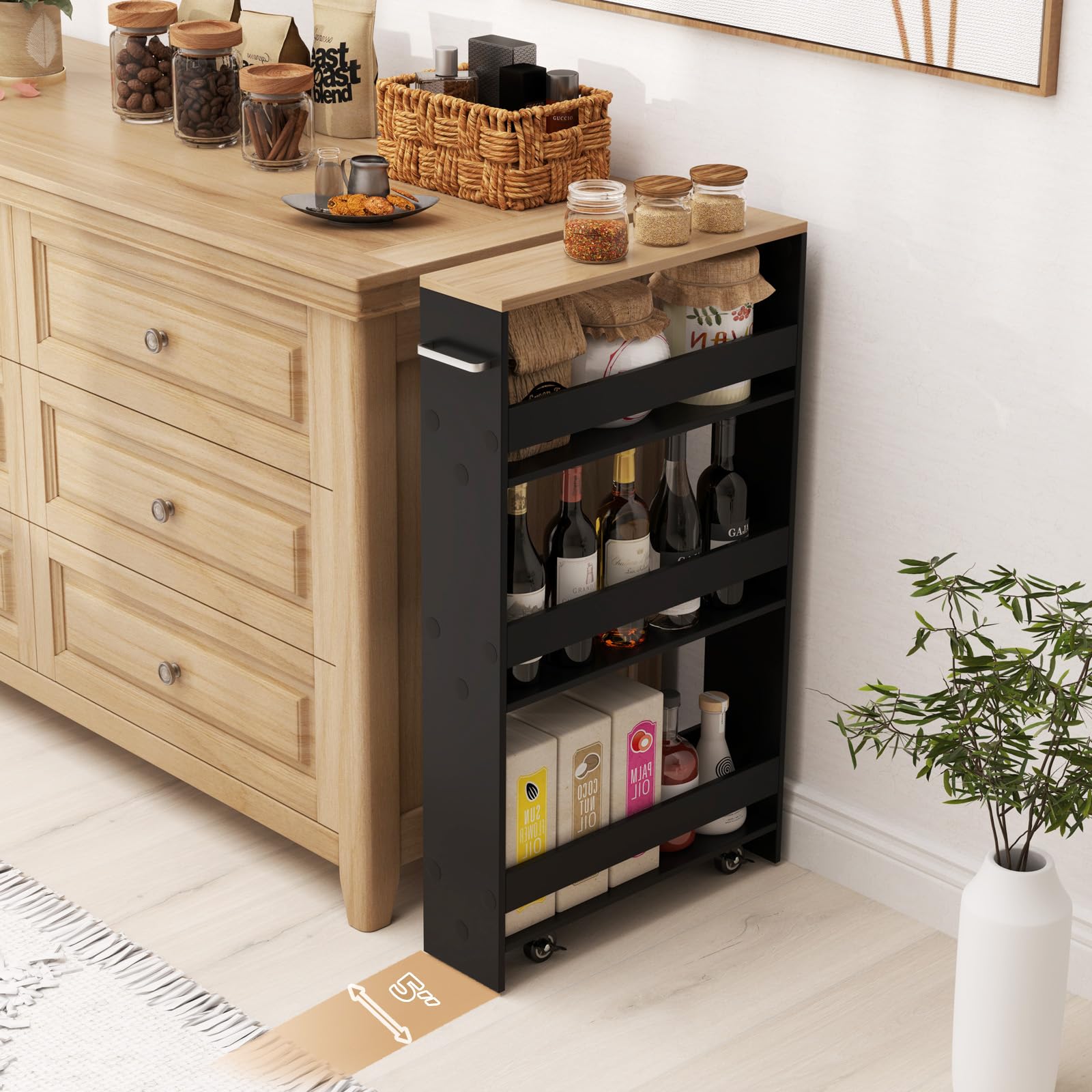 KOMFOTTEU Carro Estrecho de 4 Niveles con Ruedas, Carrito de Cocina con Asa, Carrito para Ahorrar Espacio para BAÑO, Dormitorio, Estantería Móvil de Almacenamiento, 47,5 x 20 x 80,5 cm (Negro)
