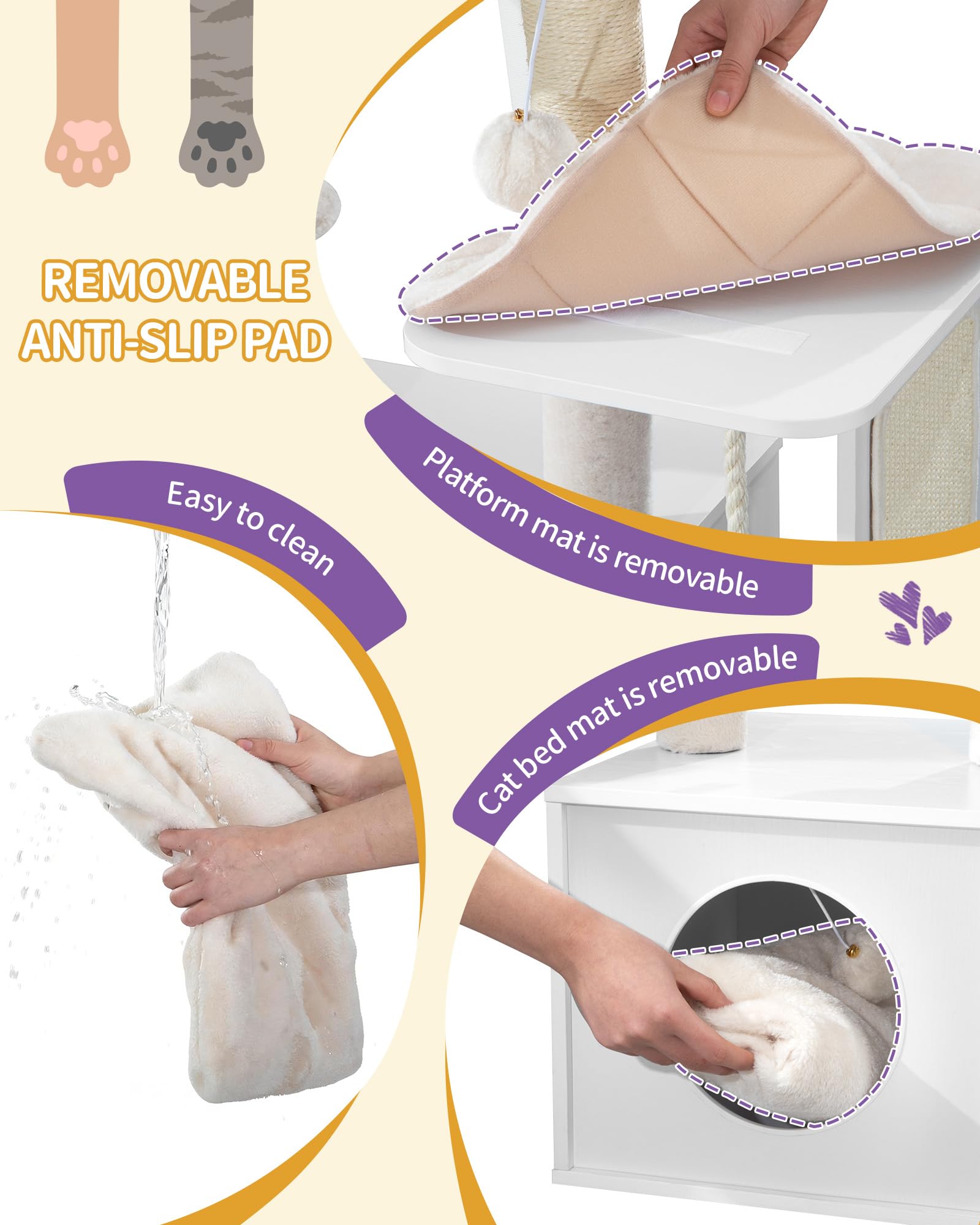 Hzuaneri Rascador y Moderno para Gatos, 85 cm de Alto, con 3 Postes Rascadores, Tapete Extraíble y Lavable, 1 Cueva, 2 Plataformas, 1 Cesta y Pompones, Blanco MS08313WT
