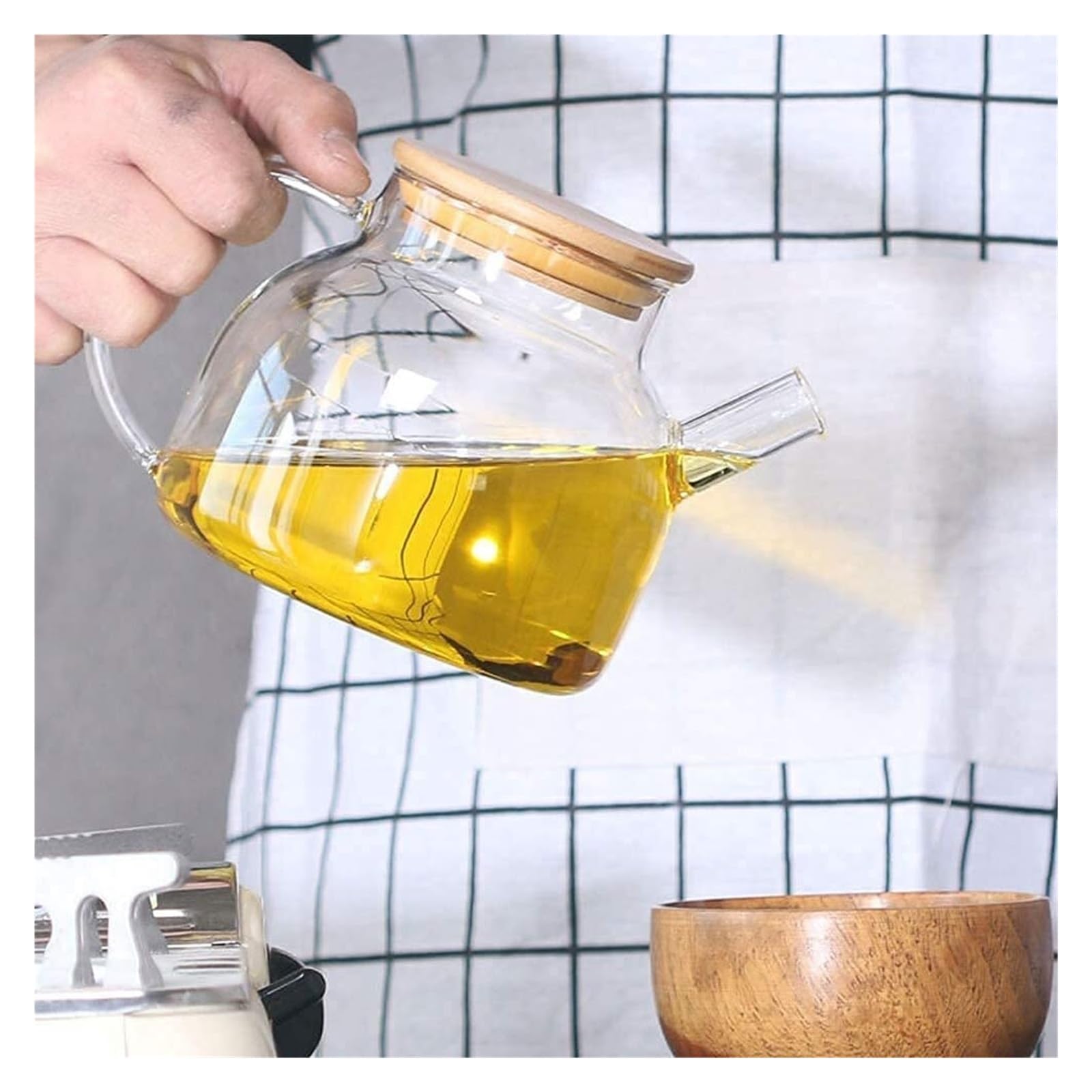 Distributore di Olio E Aceto, Bottiglia di Olio E Aceto, Bottiglia di Vetro A Prova di Perdite, Bottiglia di Olio Trasparente, Coperchio in Legno per Cucinare,