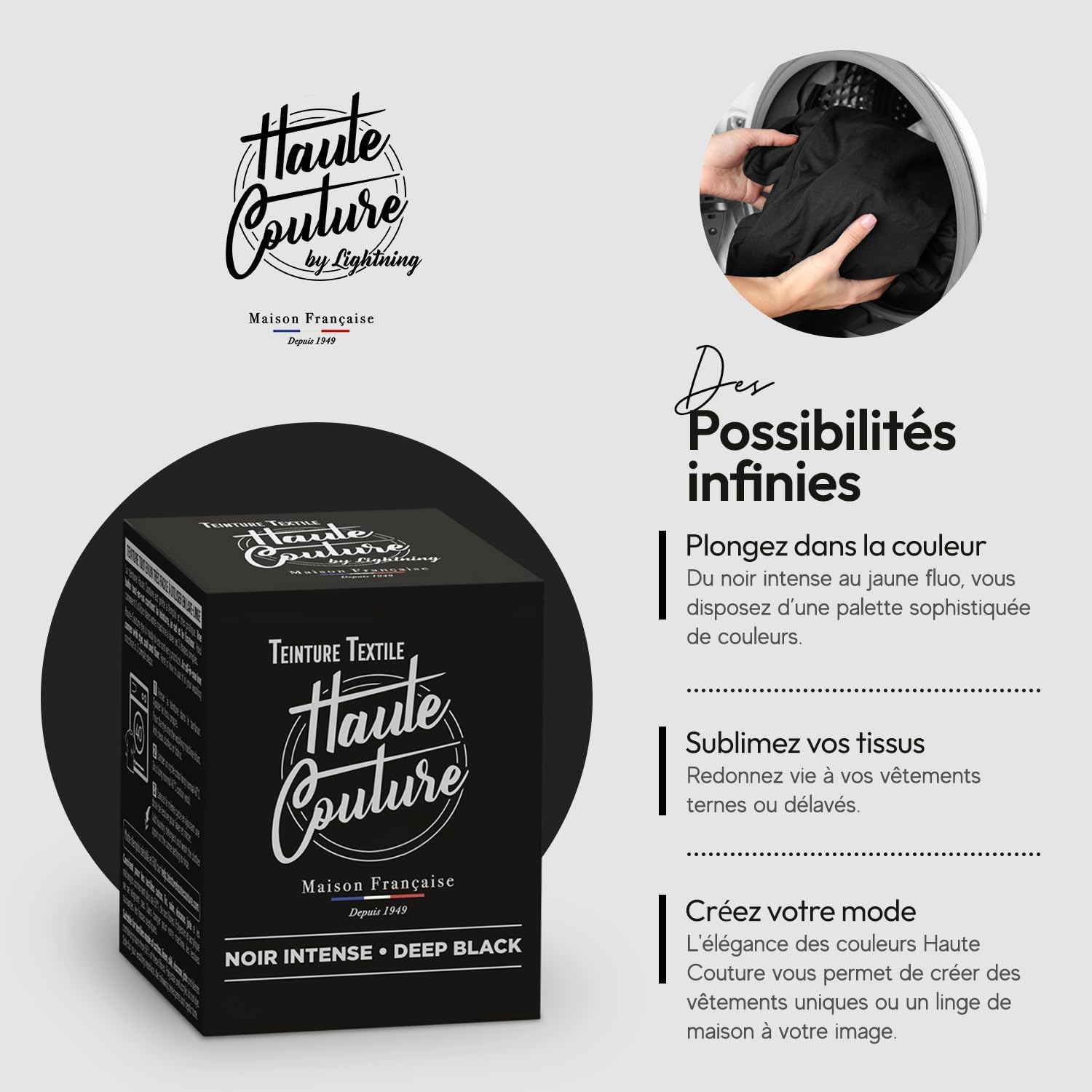 Haute Couture - Teinture Textile Tout-en-Un - Noir Intense - 3x350g | Prêt à l'Emploi - Teinture Machine à Laver - Coton, Lin, Soie & Viscose - Plus de 33 Couleurs Disponibles - Intense & Durable