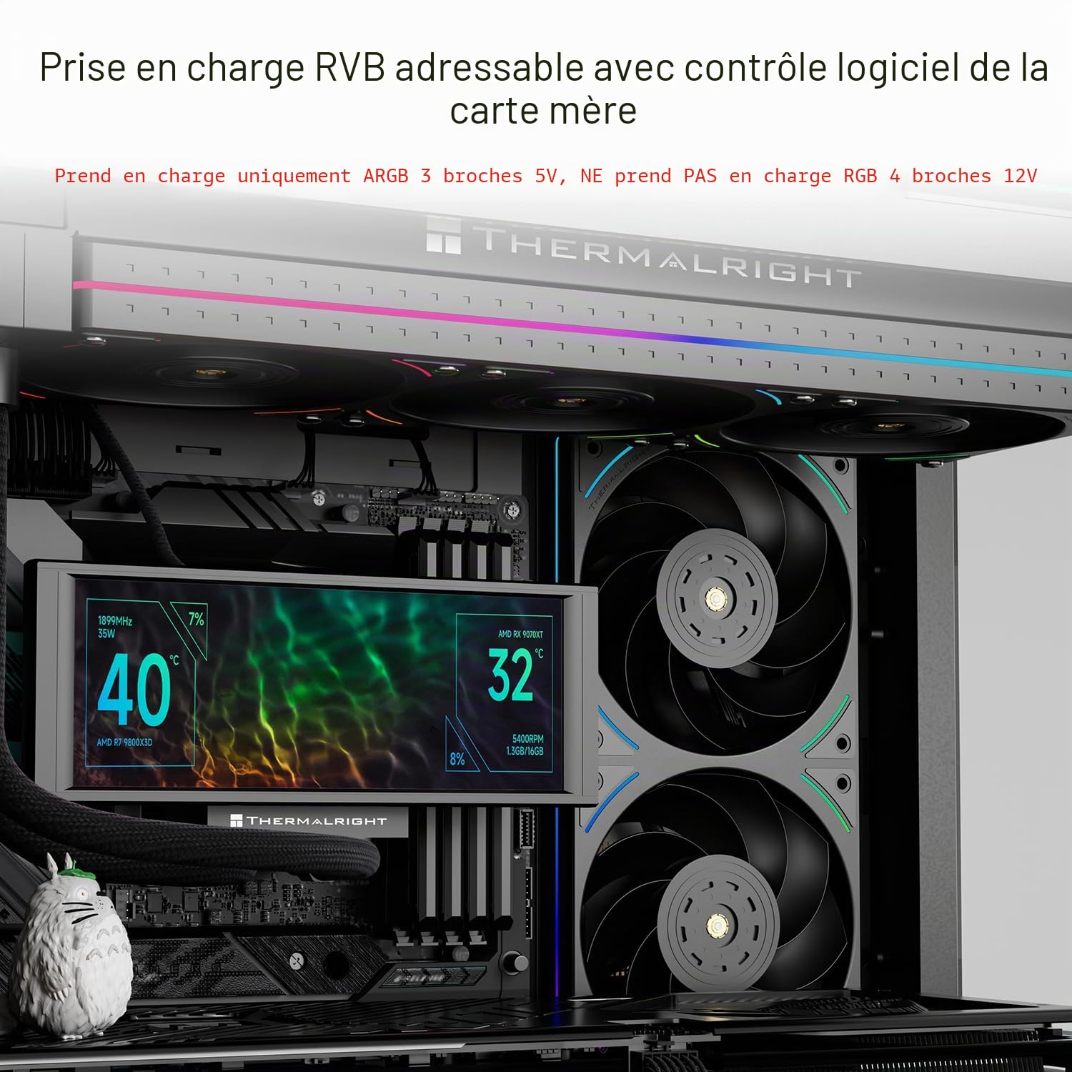 Thermalright TL-UB36R Lot de 3 ventilateurs de boîtier 120 mm PWM silencieux (≤ 27 dBA) avec pelle inversée, éclairage ARGB 5 V, refroidissement à eau, boîtier noir