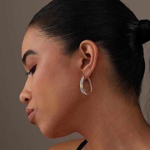 Miniatura 4 de LeCalla Aretes de aro de plata de ley 925 estilo Bali, ligeros, con cierre de clic, antiguos, de dos tonos, estilo italiano Bali, para mujer