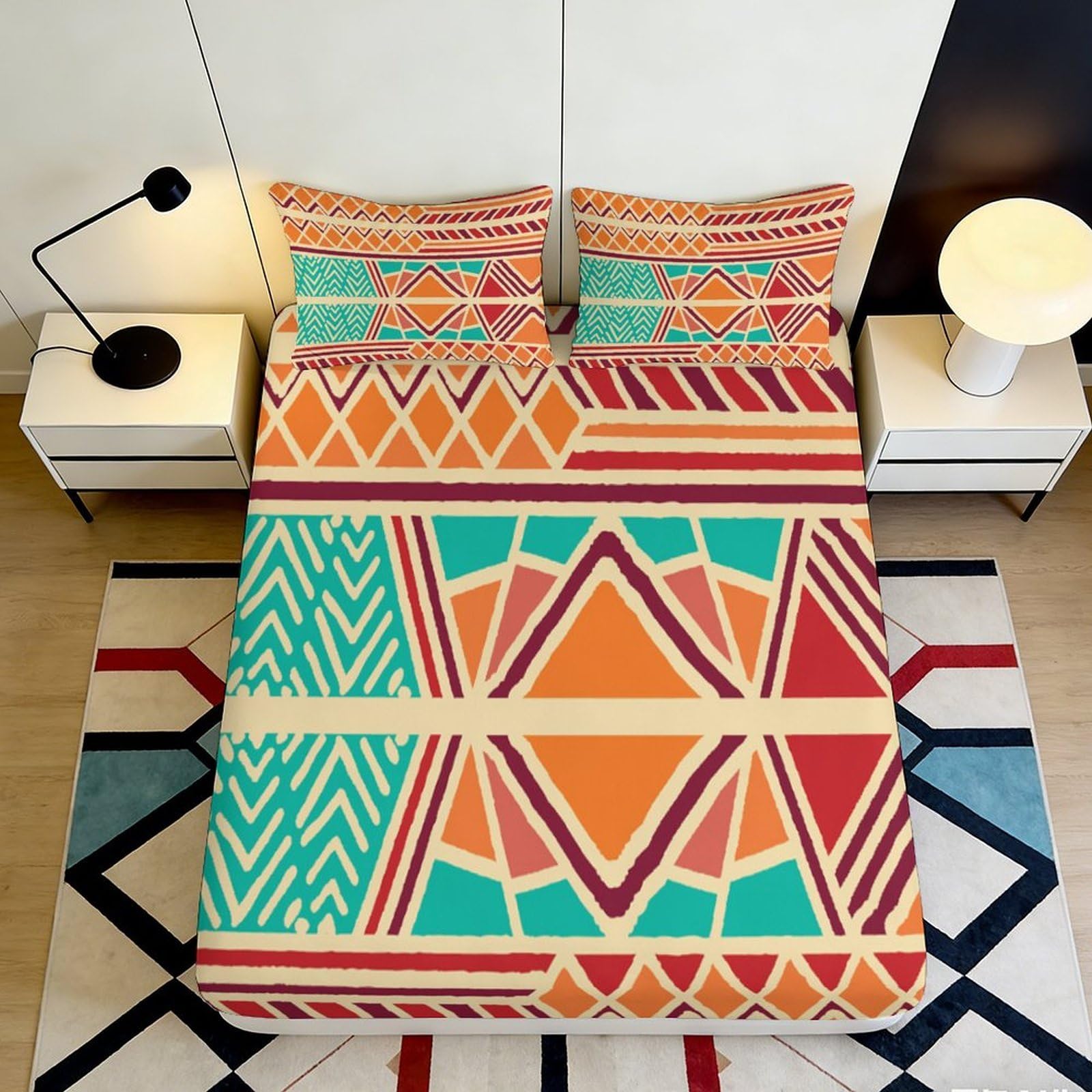 3D Printed Geometric Tribal Fitted Sheet Microfiber Orange Teal Abstract Mattress Cover for Bedroom Dorm Decor 90x200x25cm
