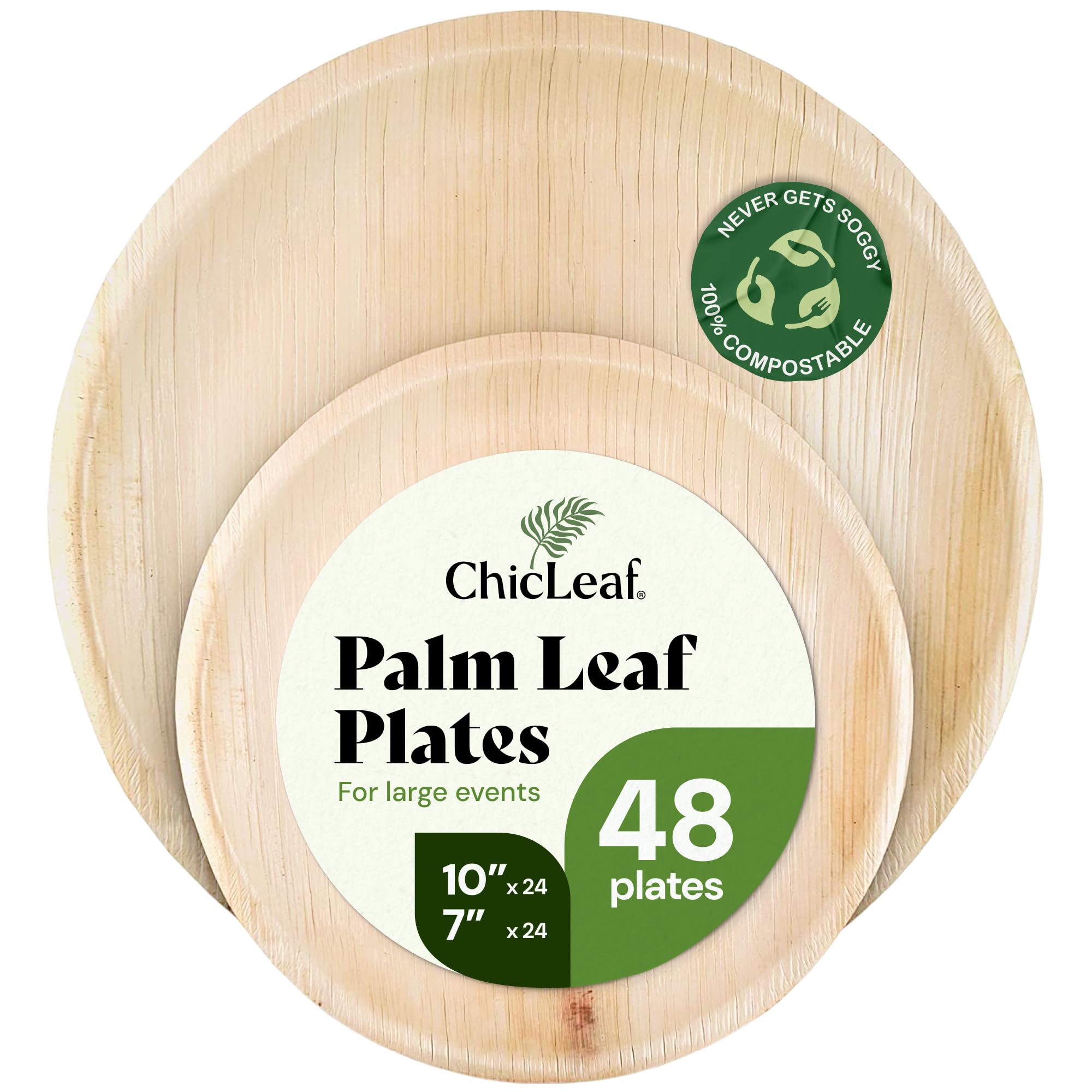 Chic Leaf Round Palm Leaf Plates - 10-Inch & 7-Inch, Pack of 48 - Compostable Disposable Bamboo Plates for Parties, Winter Cozy Dinner, Wedding & Events and Home Dining