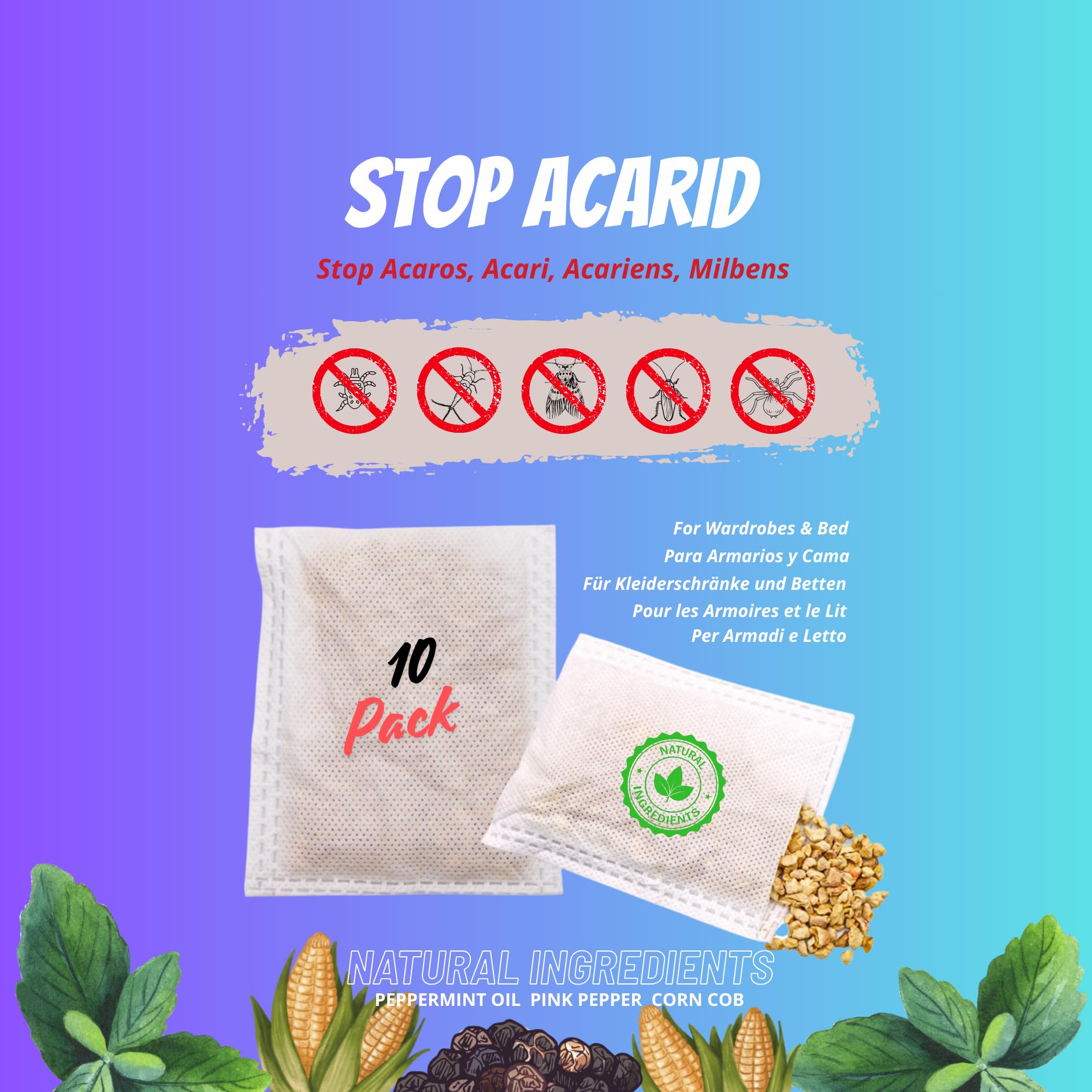 Tratamiento antiácaros a Base de Hierbas | Eliminador Natural de ácaros | Ahuyenta ácaros y polillas en Ropa de Cama, sofás, armarios, alfombras y Cojines | Pack de 10