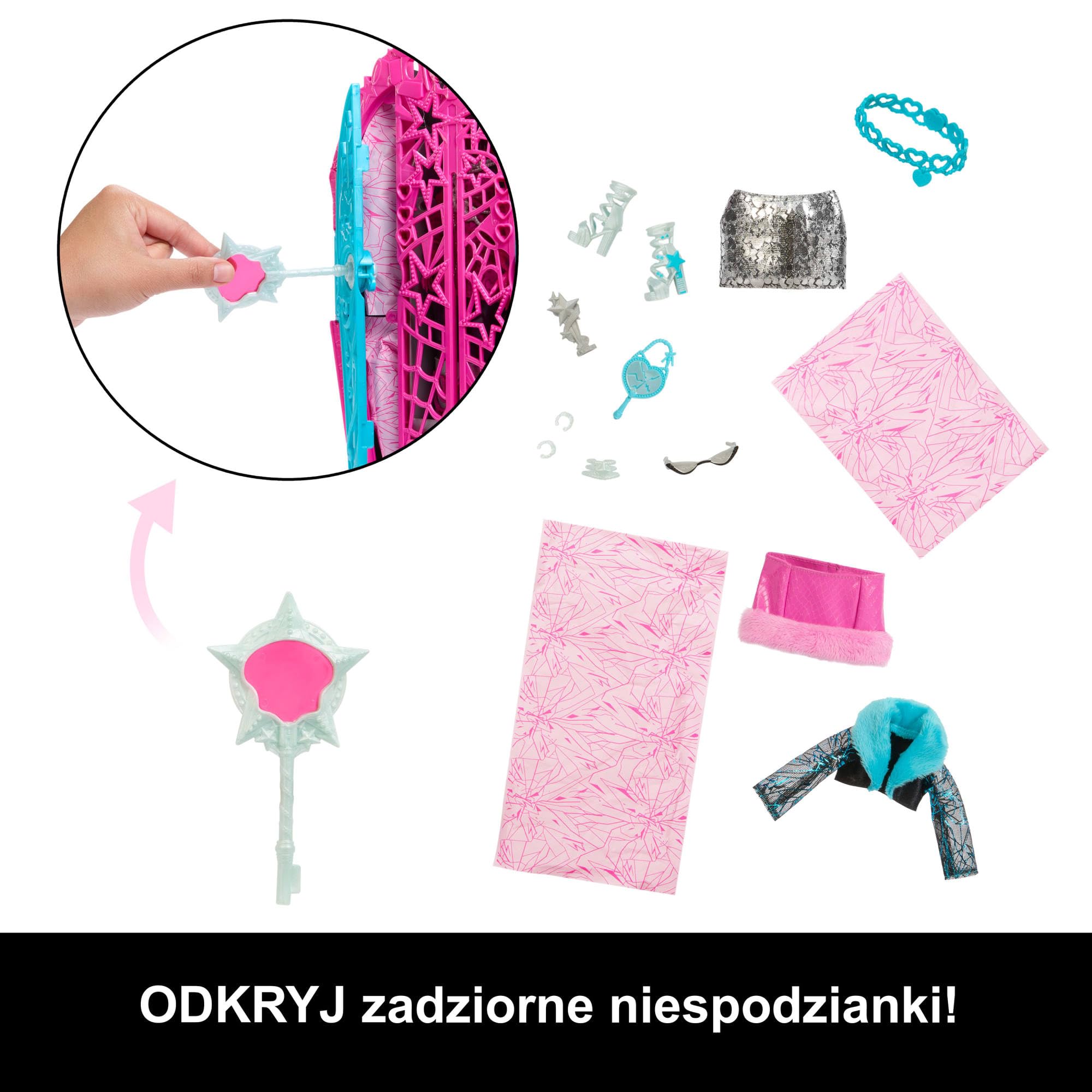 Monster High Straszysekrety Catty Noir Seria 6 Tajemnice Hollyduch Zestaw lalka, szafa i ponad 19 niespodzianek, w tym ubranka dla lalki i akcesoria, JBG82