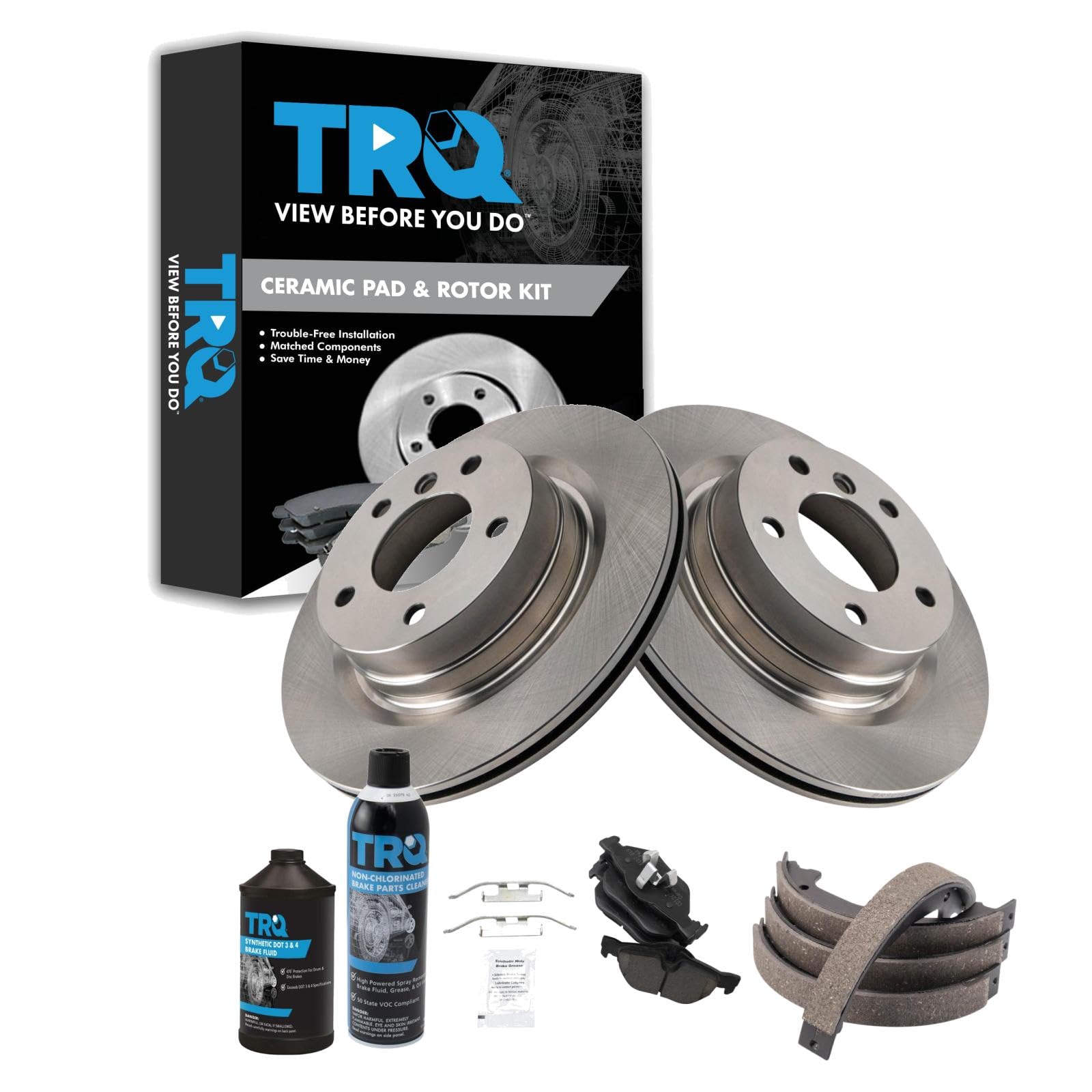 TRQ Rear Brake Pad &amp; Rotor Kit, with Chemical Kit Parking Brake Shoe Set Ceramic Compatible with 2012-2013 BMW 328i