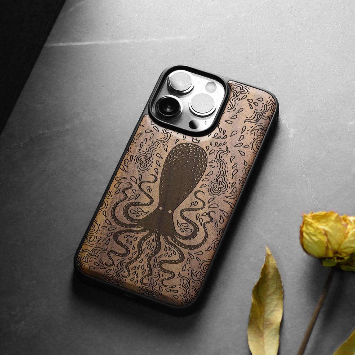 Carveit Magnetic Wooden Case for iPhone 15 Pro Case, Compatible with MagSafe Wireless Chargers, Black Soft TPU Shockproof Cover & Wood Artisan Engraved (Floral Octopus) - Walnut