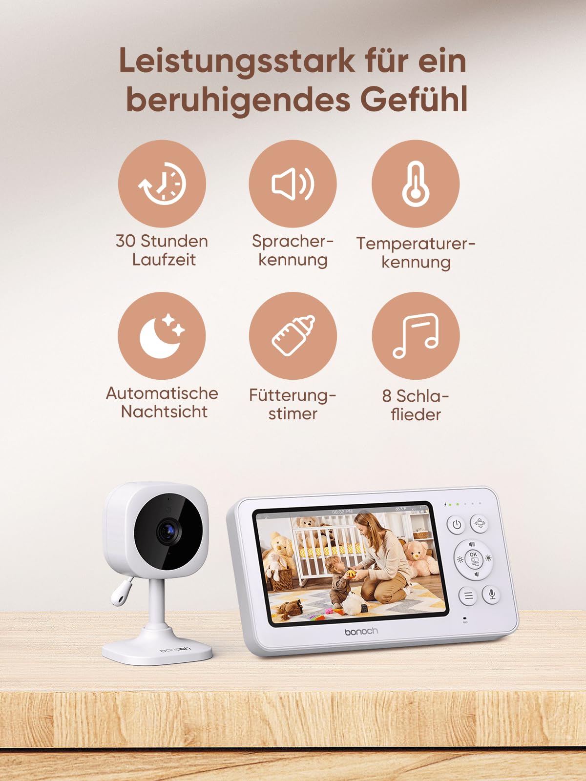 bonoch Babyphone 4,3 pouces avec caméra, 720p, batterie 4000 mAh, sans Wi-Fi, vision nocturne, audio recto-verso, mode VOX, capteur de température, 8 berceuses, zoom x2, x3, x4