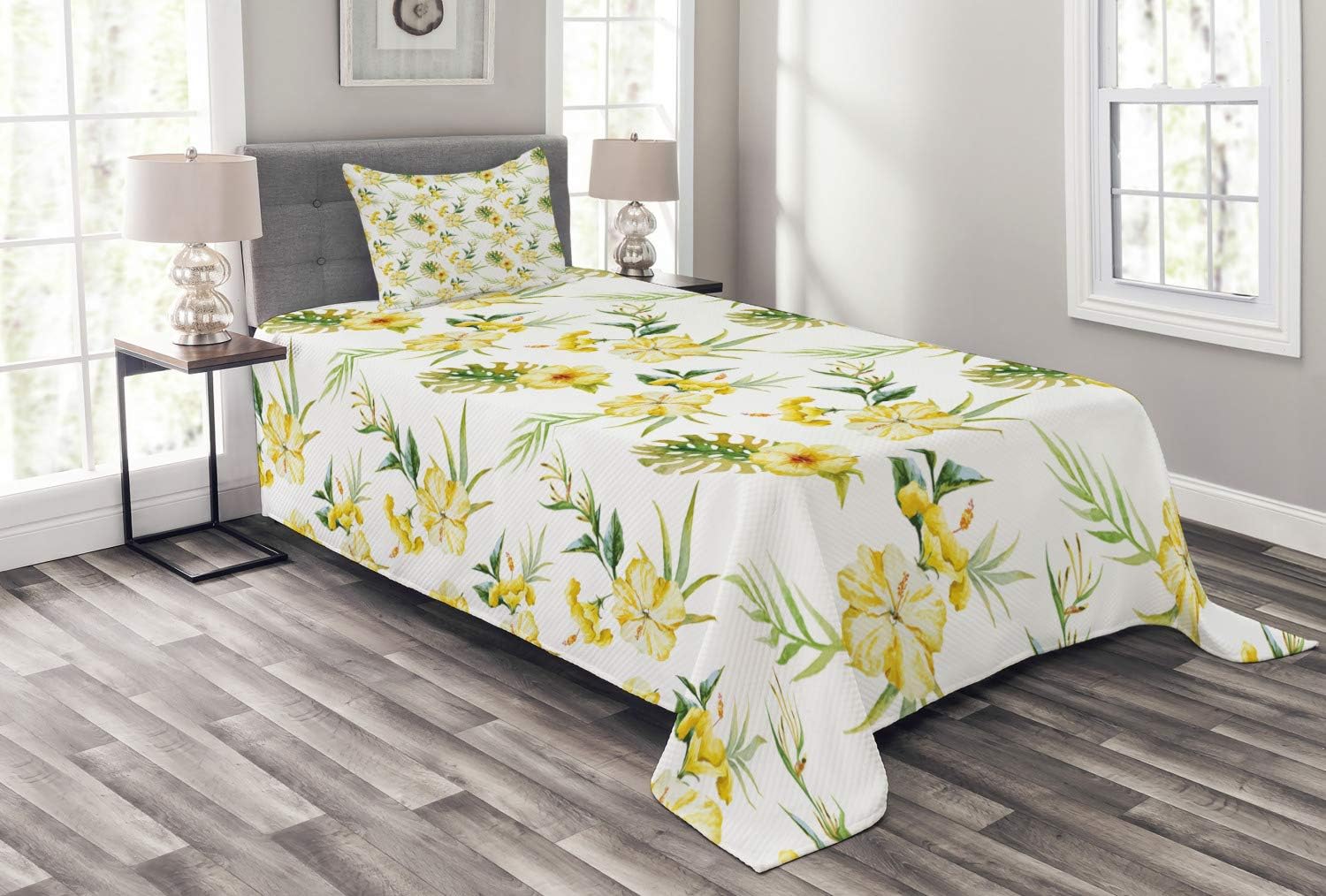 Ambesonne Watercolor Bedspread Set, Hibiscus Flora Pattern Hawaii Plants with Leaves Jungle Summer Foliage, 3 Piece Decorative Bedding Coverlet and 2 Pillow Shams, Twin Size, Yellow Green White