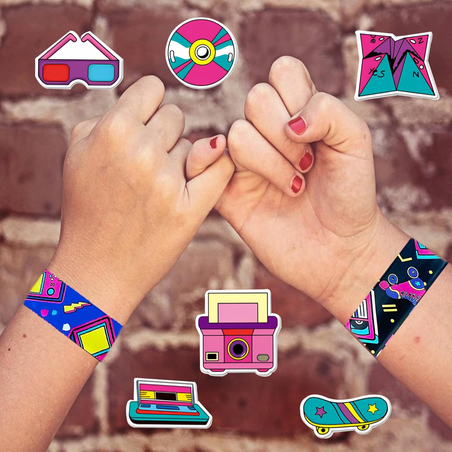 74Pcs 80s Theme Party Favors Contain 24 Pcs 80s Theme Slap Bracelets 50Pcs 80s Theme Stickers, Retro Birthday Party Decorations,Classroom Rewards Supplies. - Image 4