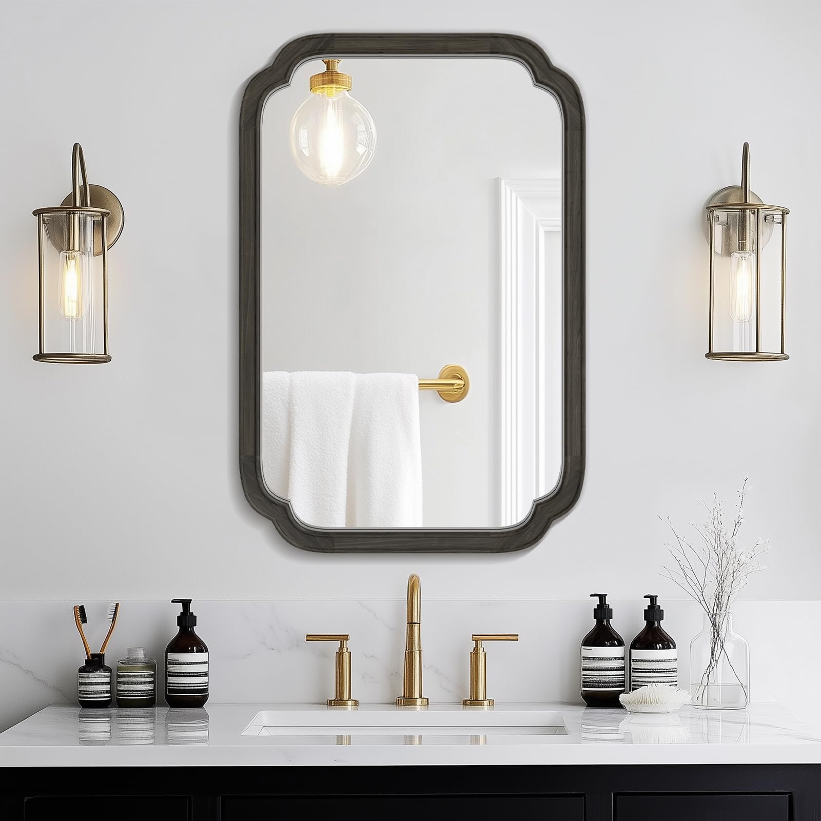 WallBeyond 20" x 30" Rounded Corner Arch Wall Mirror with Wood Frame for Entryway, Living Room or Bedroom Home Decor - Light Woodgrain [20" x 30" Black] — image 1