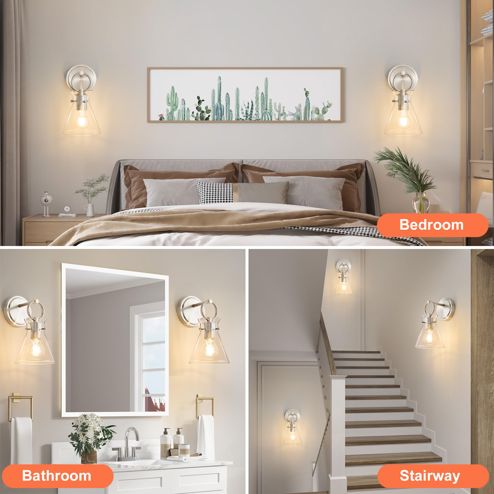 Paquete de 2 apliques de pared modernos para baño, lámpara de iluminación de montaje en pared de níquel cableada con pantalla de vidrio transparente de 6 pulgadas para dormitorio, sala de 6