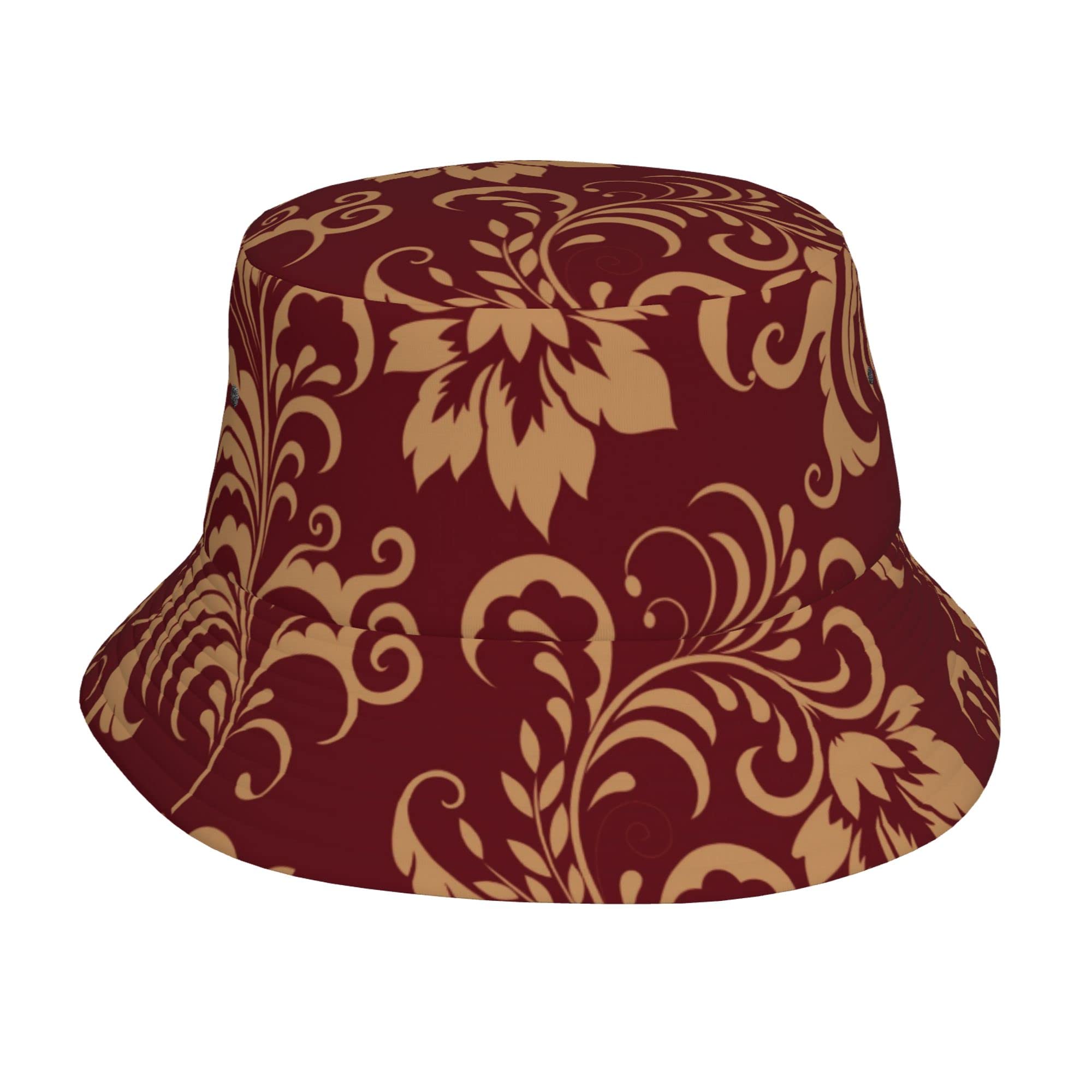 Aooedm Unisex As Pic Fashion Bucket Hat For Travel Beach Outdoor, Men Women Teens Sun Protection Cap Breathable Wide Brim Fisherman Hat (Flower Maroon Gold Floral Classy Burgundy Antique)