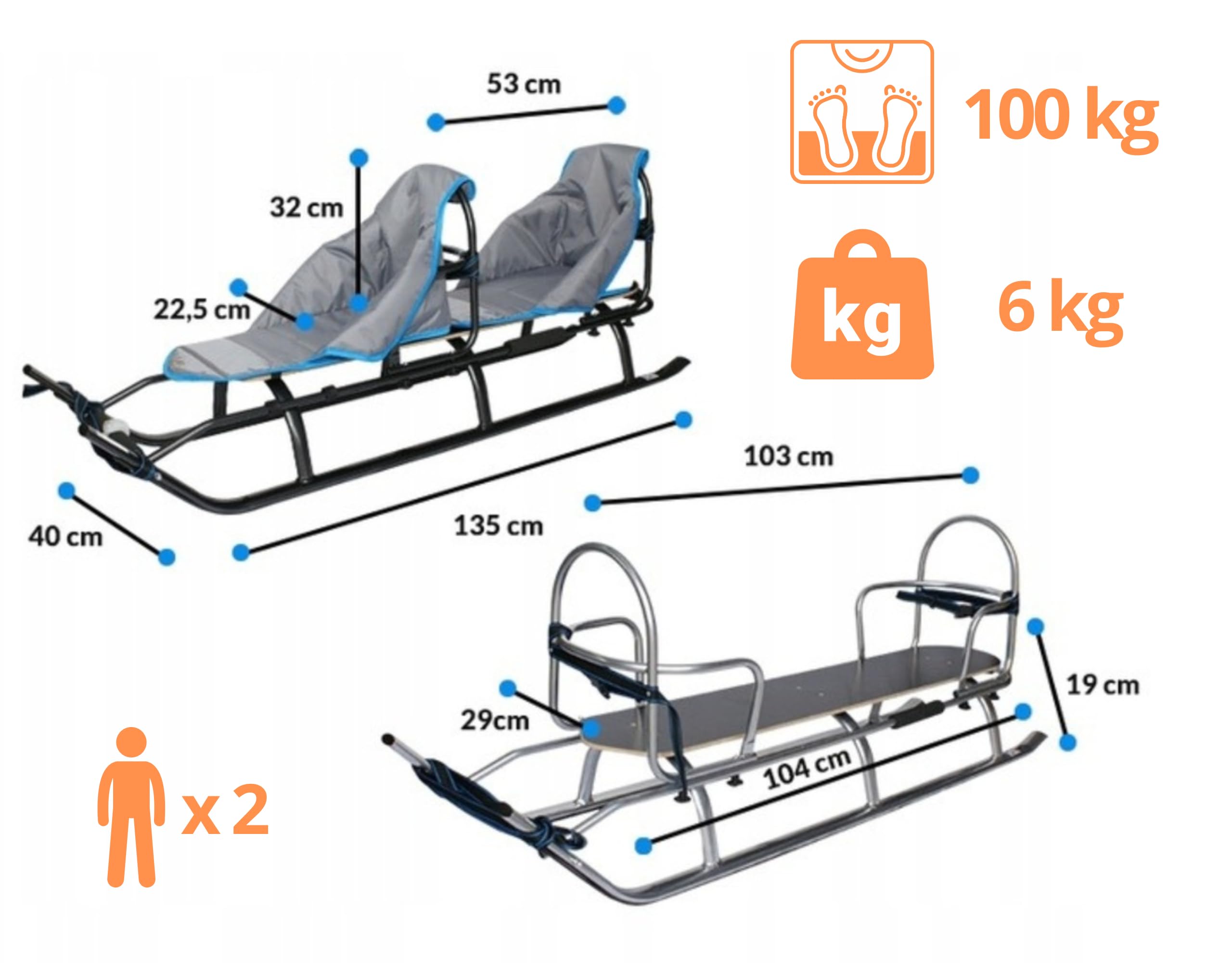 Podwójne sanki dla dzieci 2 w 1 z aluminium z oparciem, materacem, LED