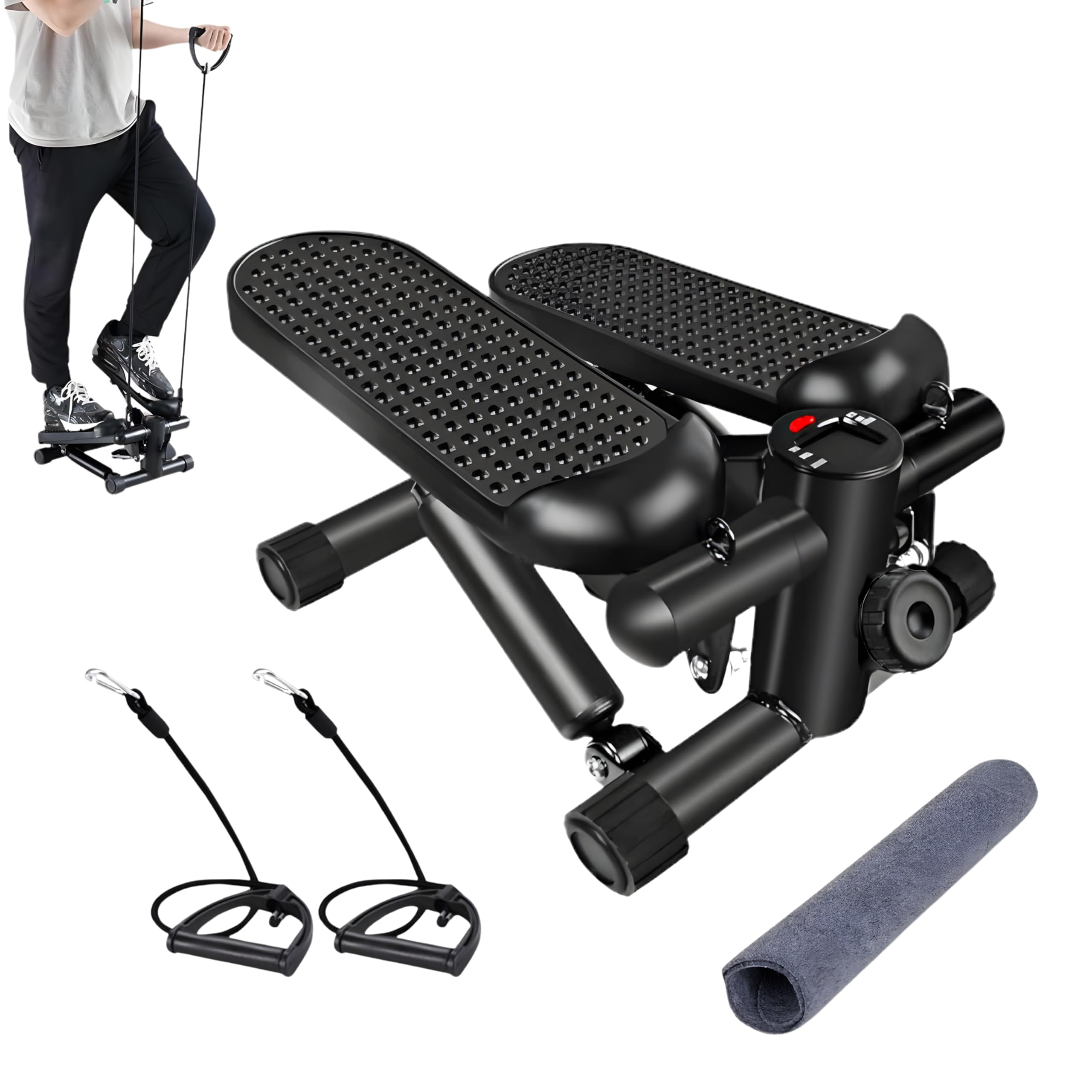 FROOBY Mini Stepper Exercise Machine, LCD Display, Resistance Bands, Mat, Non-Slip Pedals, Hydraulic Portable Up-Down Stepper, 220 lbs Capacity, Adjustable Height Pulley, Compact Stair Step Workout
