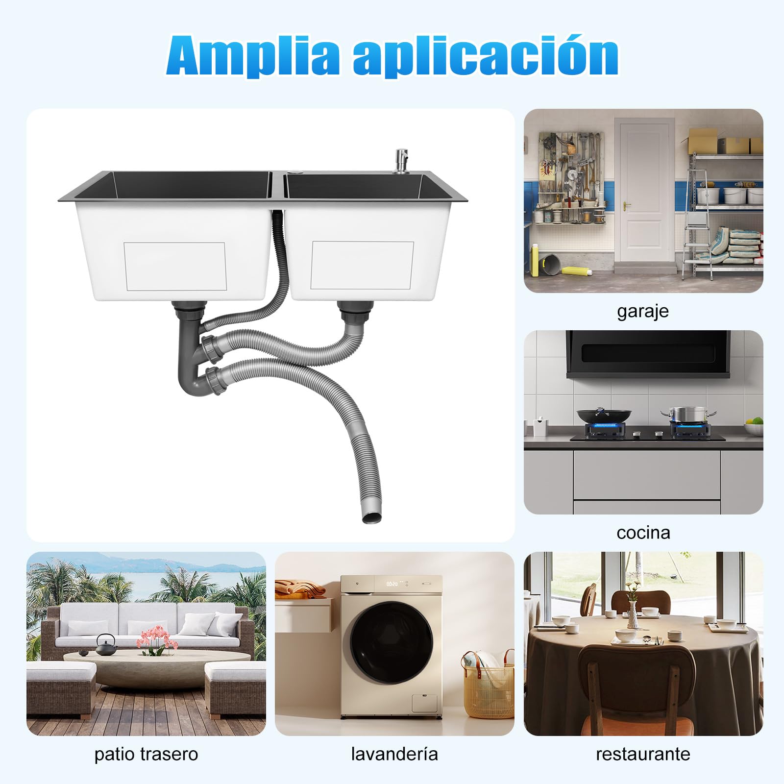 Fregadero doble de acero inoxidable, color negro, 78 x 43 x 22 cm, fregadero de cocina, 2 cubetas enrasadas, incluye cestillo escurridor, dispensador de jabón, sifón y encima