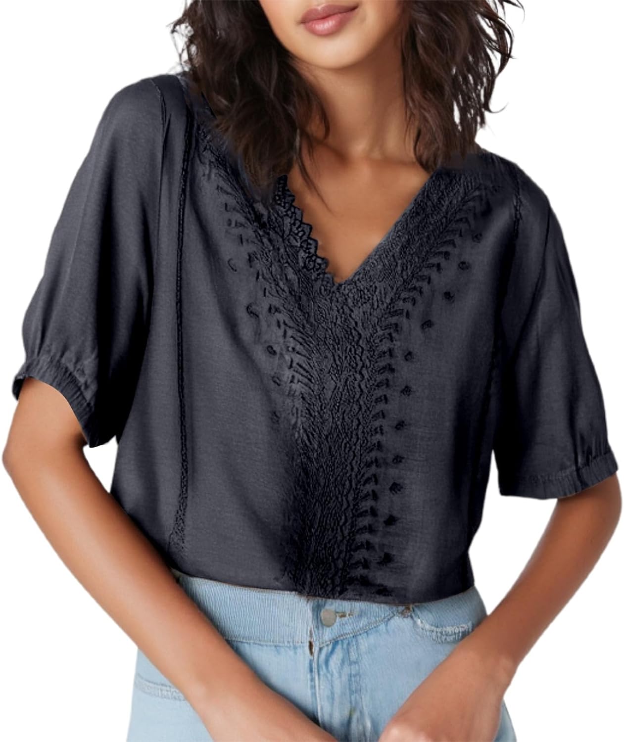 Boho Tops for Women Cotton Linen Blouse Cute Tunics Tops Embroidered Bohemia Shirts Loose Fit Vacation Western Top