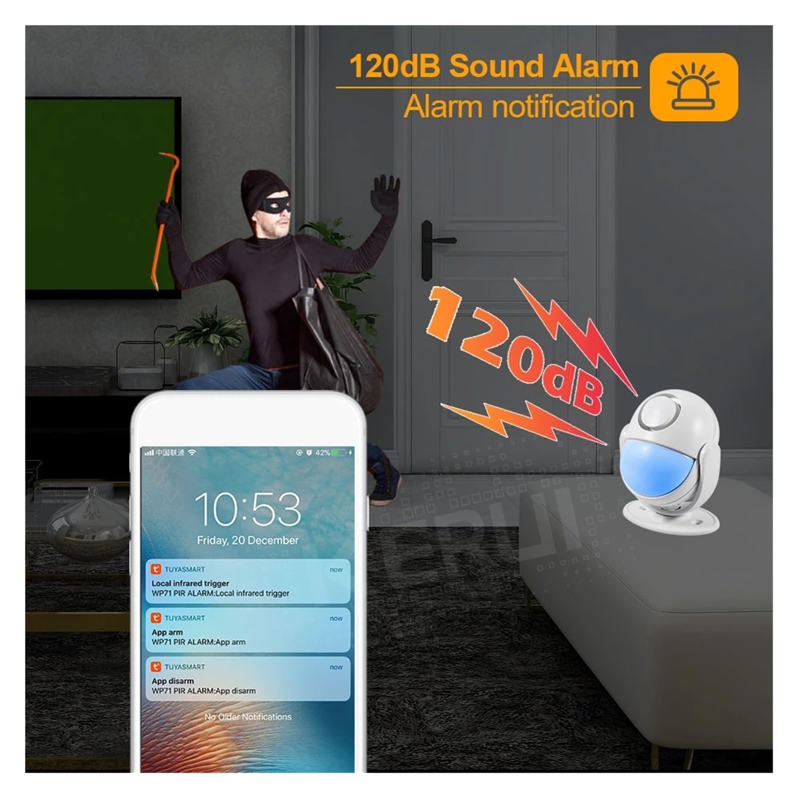 Wifi Smart Home Security di allarme 120dB Funziona con RF433 Rilevatore PIR Sensore porta Smart Life App Antifurto(KIT 7)