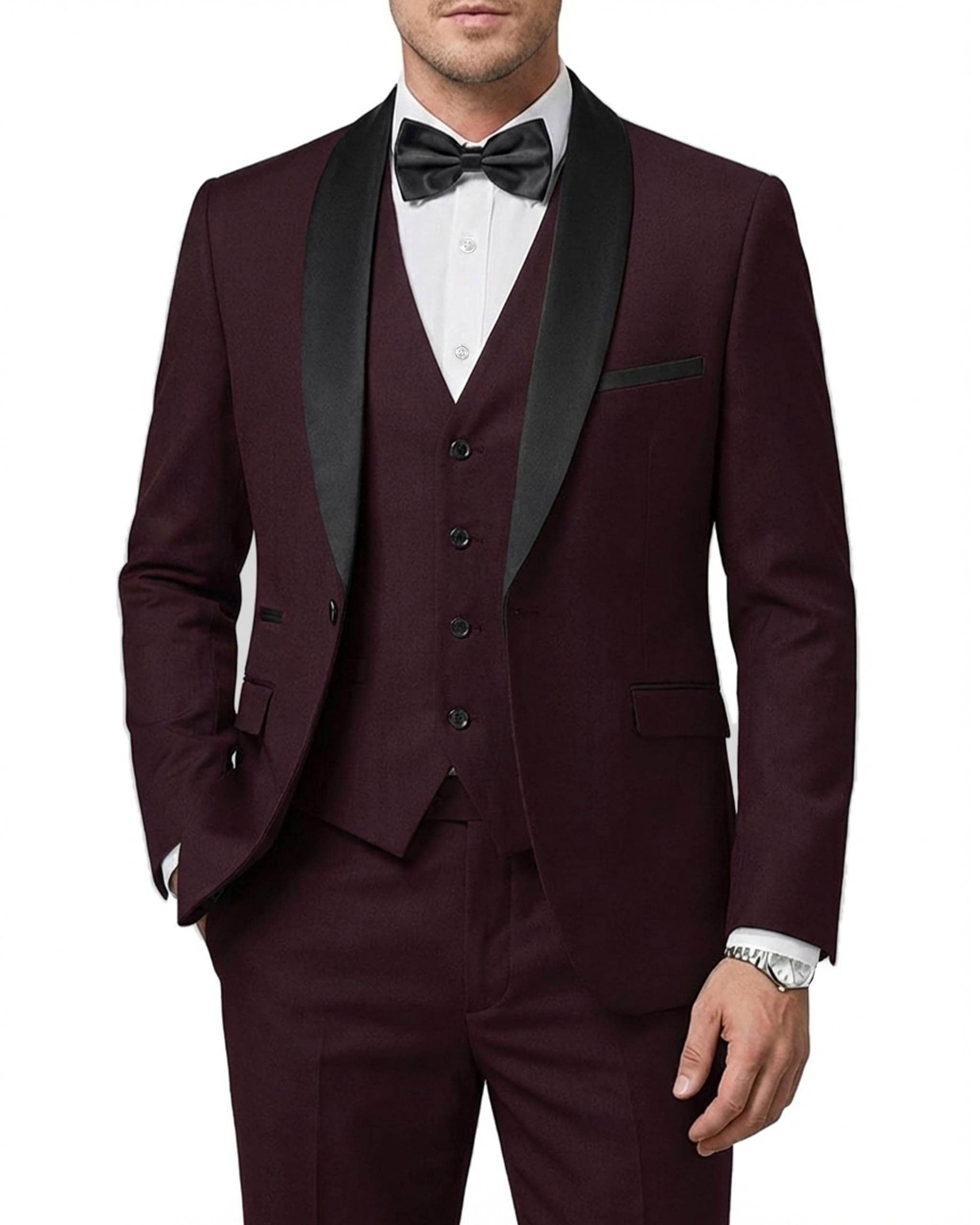 Hihawk Mens 3 Piece Tuxedo Set with Bow Tie, One Button Shawl Lapel Jacket Vest Pants, Slim Fit Suit Party Wedding Prom Tux