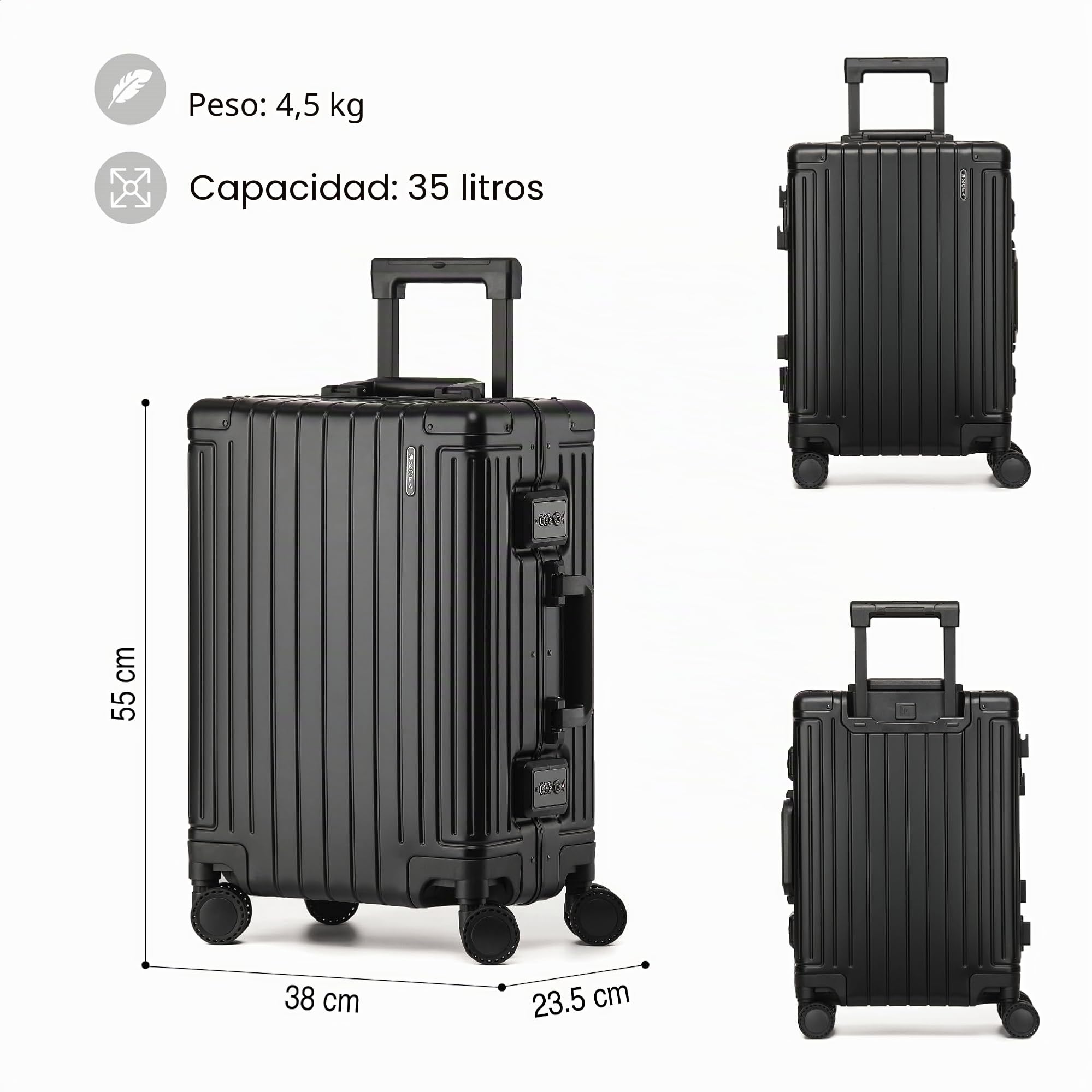 KOFA Geneva Maleta de Cabina 100% de Aluminio, 55 cm, Trolley Rígido de Cabina, Maleta de Viaje Spinner con 4 Ruedas y Doble Cerradura TSA, 35 L (Negro)