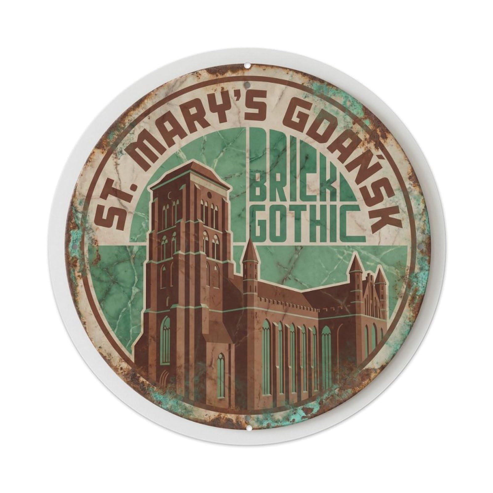 Cathedral Brick Study Basilica Metal Tin Sign Plaque Wall Decor for Cafe, Club Bar, Office, Home Garden Round Metal Poster 8x8Inch