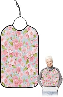 BOBOWUNY Spring Floral Adult Bibs for Elder Women Men Eating, Pink Peach Blossom and Green Leaf on Green Waterproof & Washable Bibs for Eating Clothing Protector Dining Bibs for Crumb Catcher