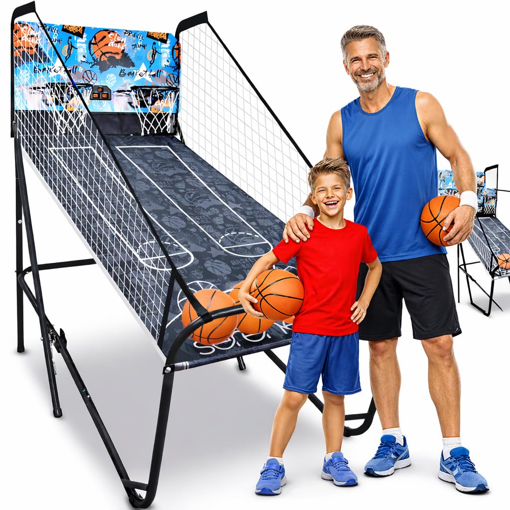 – SereneLife Dual Hoop Basketball Arcade Game – Indoor Home Basketball Shootout with Electronic LED Scoreboard, Play Timer, Foldable Frame – Double Hoop Shooting Game for Kids and Adults