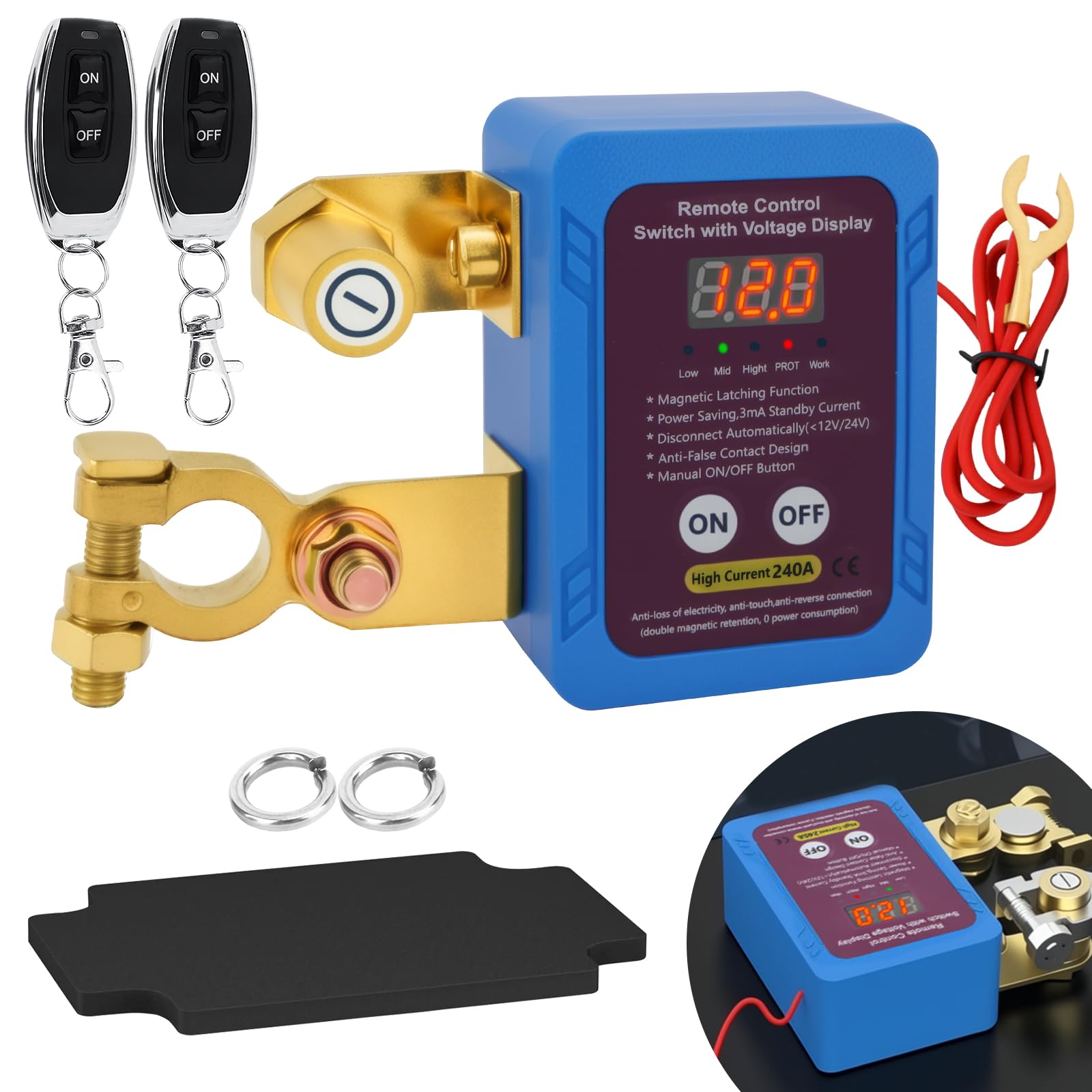 Disjoncteur de Batterie Télécommandé Sans fil - 12 V 240 A Coupe Circuit Voiture - Avec écran LED - Interrupteur D'Arrêt Automatique - pour Voiture RV Camion ATV Bateau