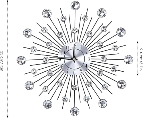 Miniatura 6 de SOONHUA Reloj de pared moderno con diamantes de cristal, reloj de pared de lujo con flores, reloj de metal silencioso para sala de estar,