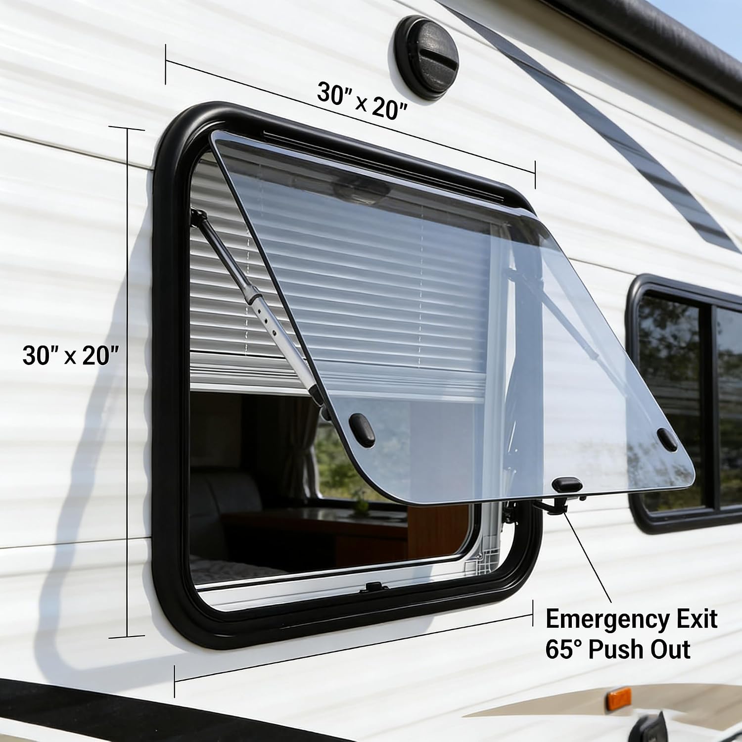 RV Exit Emergency Window 30" x 20" – Push Out Egress RV Window with Screen & Trim Ring, Tinted Tempered Glass, Lockable Aluminum Frame for Camper Trailer