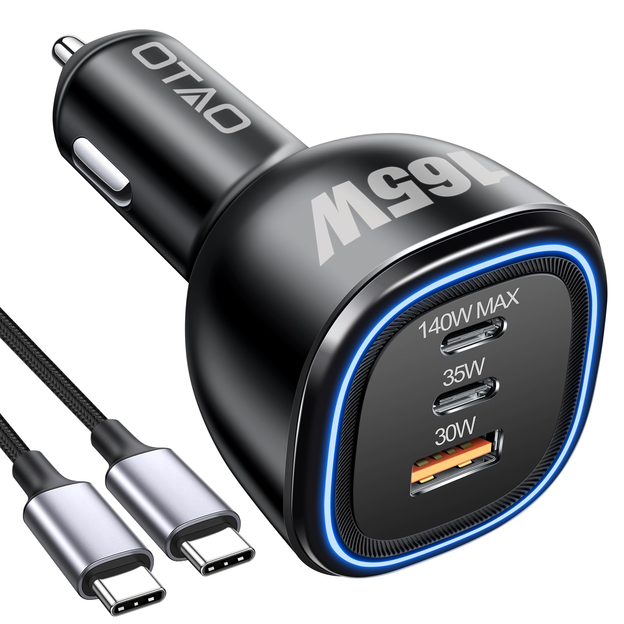 165W USB C Car Charger, Super Fast Charging GaN Charger PD3.1 140W/35W PPS 45W+USBA 30W Multi Ports Car Cigarette Lighter Adapter With Type C Cable For iPhone/Samsung/Pixel/iPad Macbook Pro Air Laptop