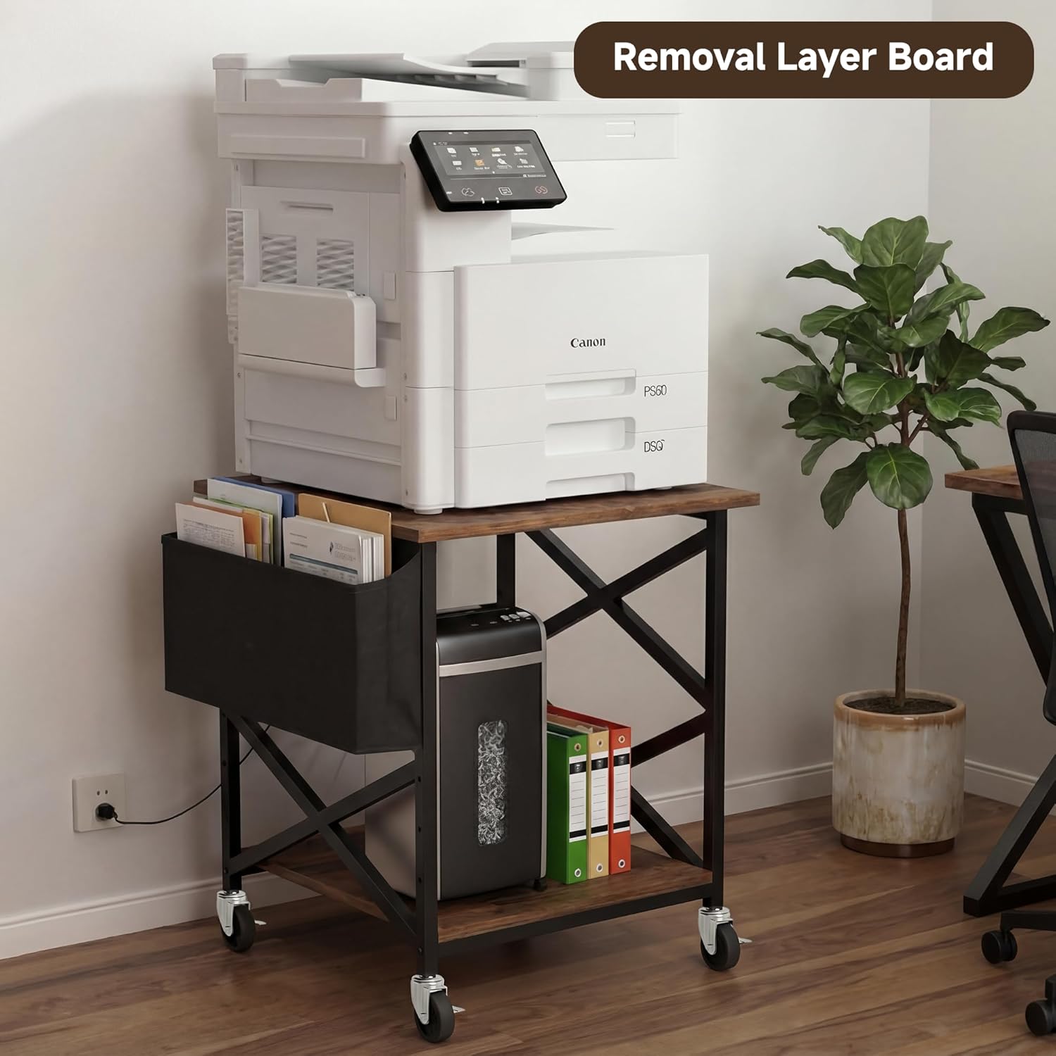 Large Printer Stand with Storage Bag, Rolling Printer Cart with Power Outlet, 3 Tier with Height Adjustable Storage Shelf, 23.6 x 23.6 Inches Printer Table for Home Office