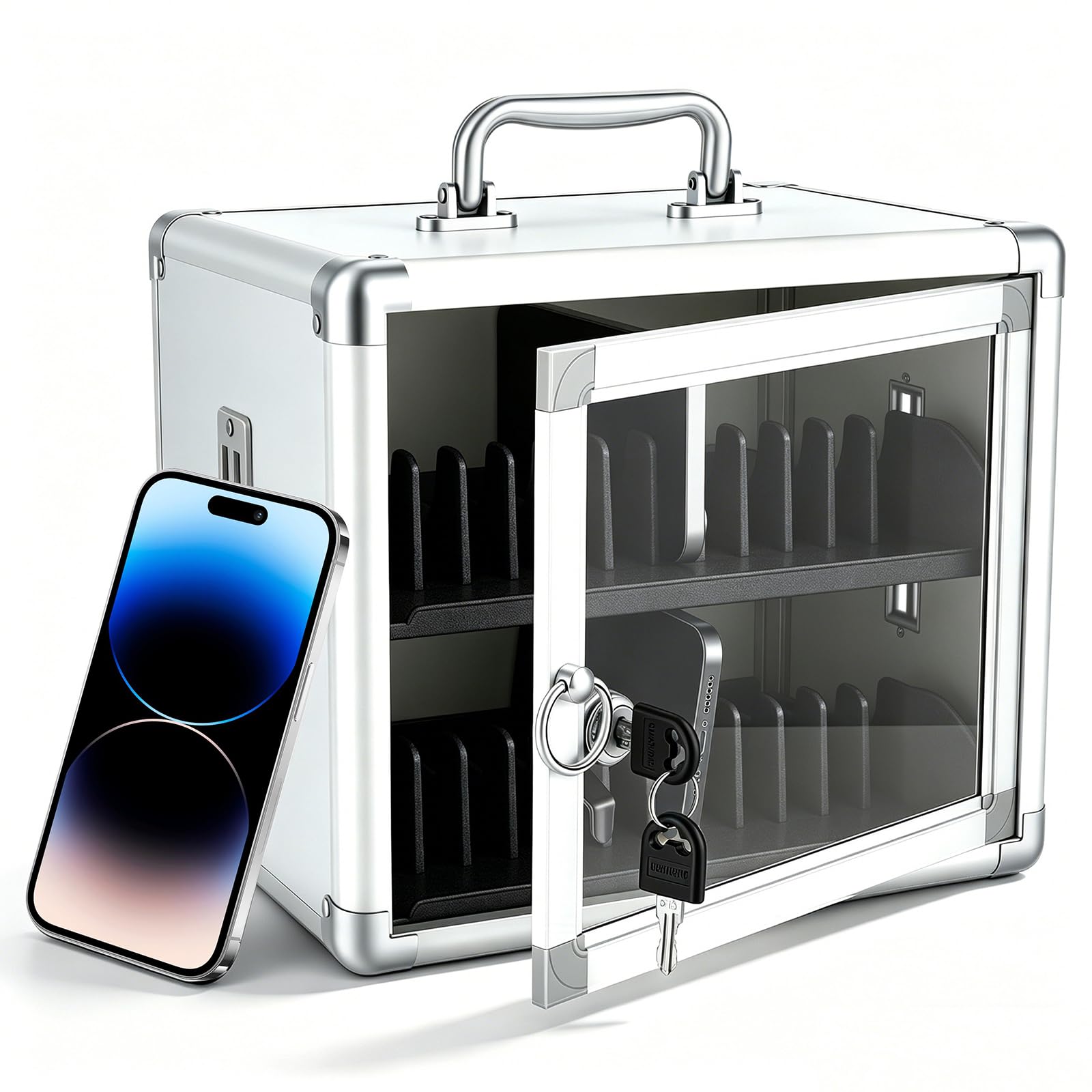 VeftBltrem Cell Phone Locker Box, 24 Slots Aluminum Alloy Lockable Company Conference Mobile Phone Storage Cabinet with Handle, Wall-Mounted Phone Lock Box for Classroom Office Gym