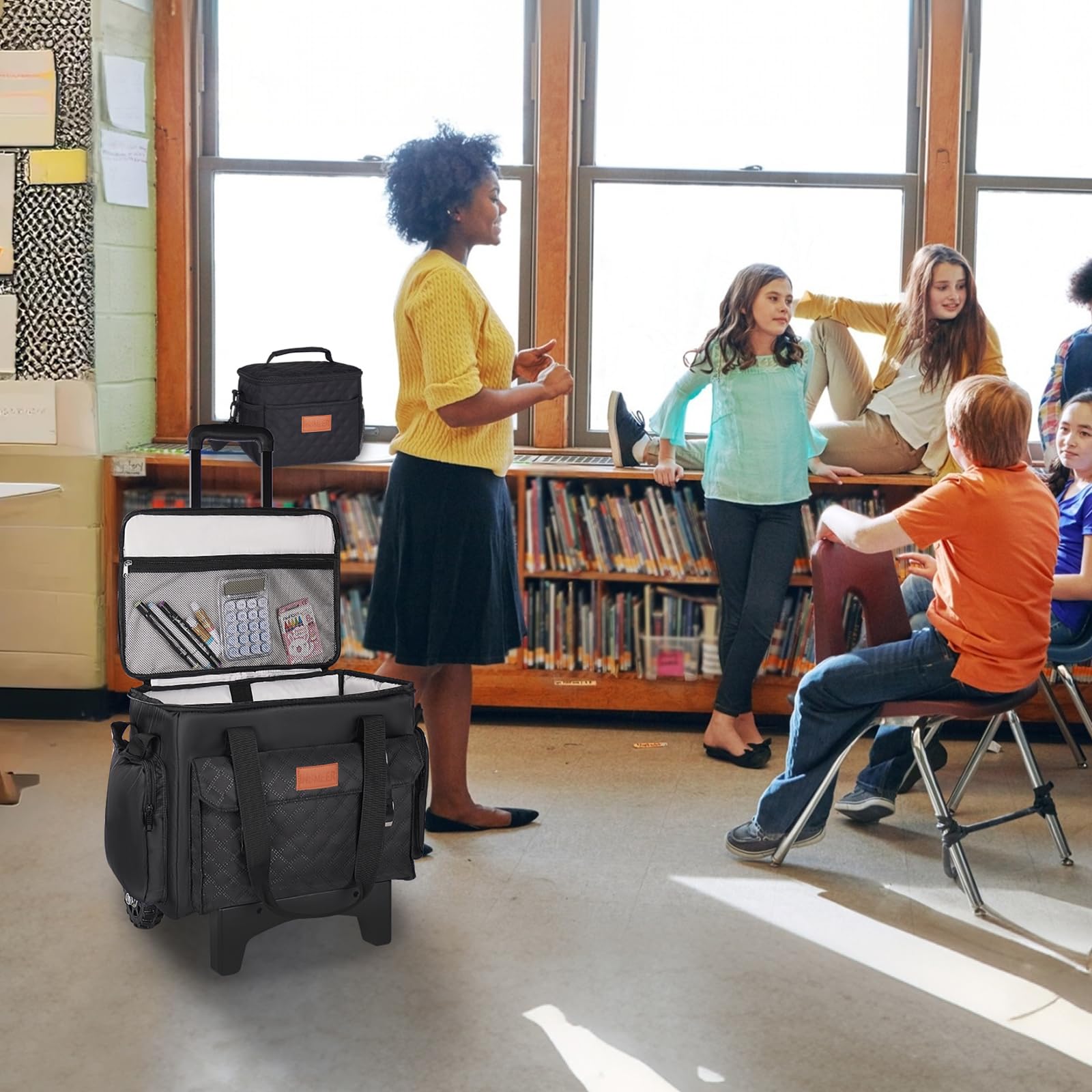 INSMEER Sac à roulettes pour enseignant avec compartiment pour ordinateur portable de 15,6", sac fourre-tout à roulettes pour enseignants avec sac à déjeuner supplémentaire, sac à roulettes 3 en 1