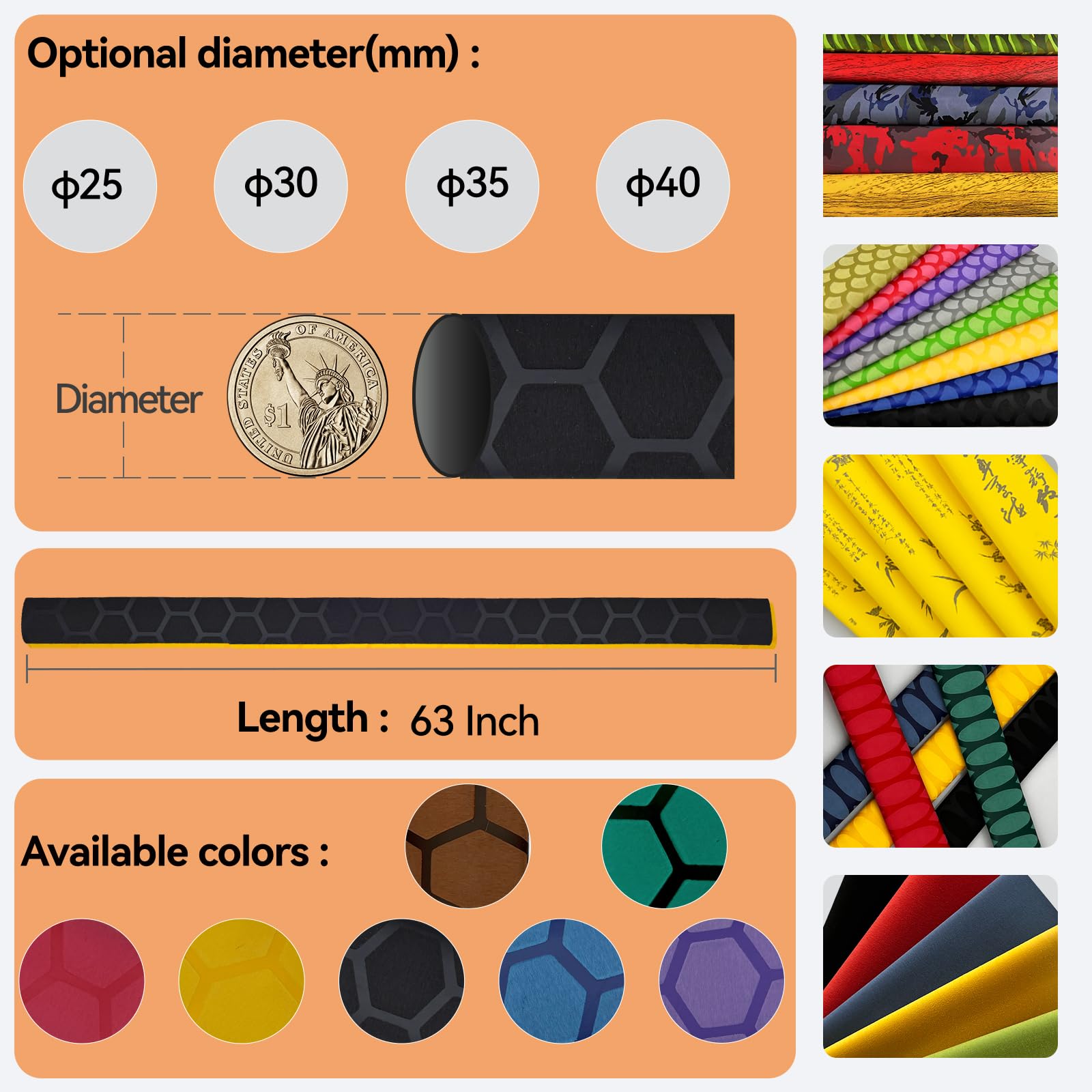 Poignée hexagonale thermorétractable pour canne à pêche, pagaie de tennis de table – Élégante, plusieurs couleurs (30 mm de diamètre x 1,6 m de long, marron)