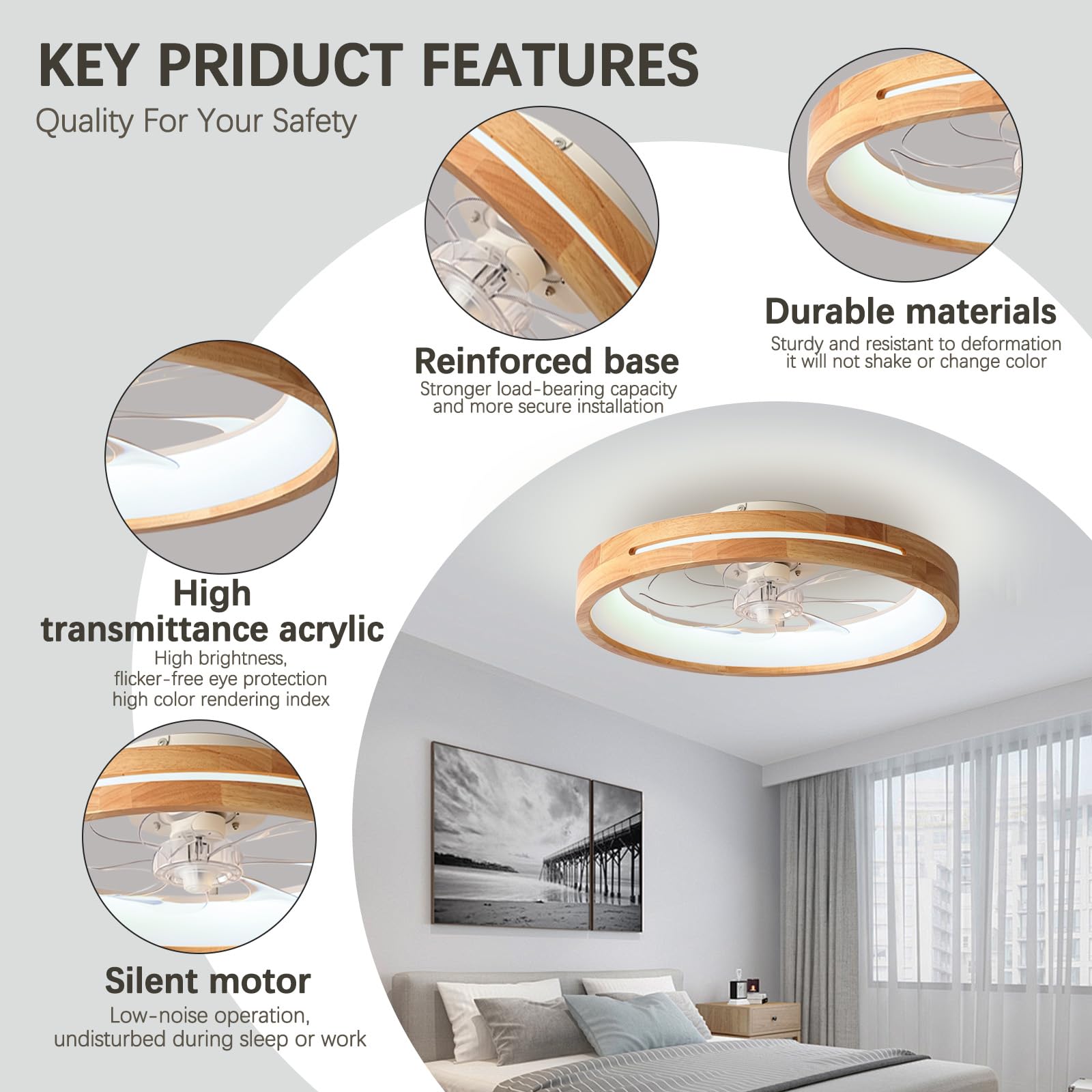 Ventilatore da Soffitto Legno con Luce Modern Camera da Letto 50cm | Lampadario con Ventola,Reversibile Motore DC,Plafoniera con Ventilatore da Soffitto,6 Velocità con Timer,LED Dimmerabile