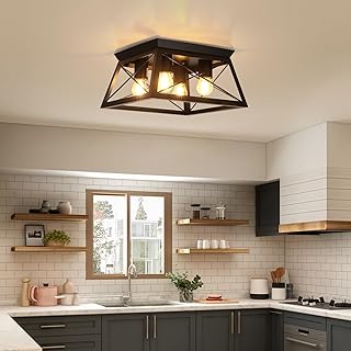 Farmhouse Ceiling Light Fixtures Black Flush Mount Ceiling Light 4-Light Metal-Framed Ceiling Lights, Industrial Flush Mount Ceiling Light for Kitchen Dining Room Bedroom Foyer Hallway Living Room